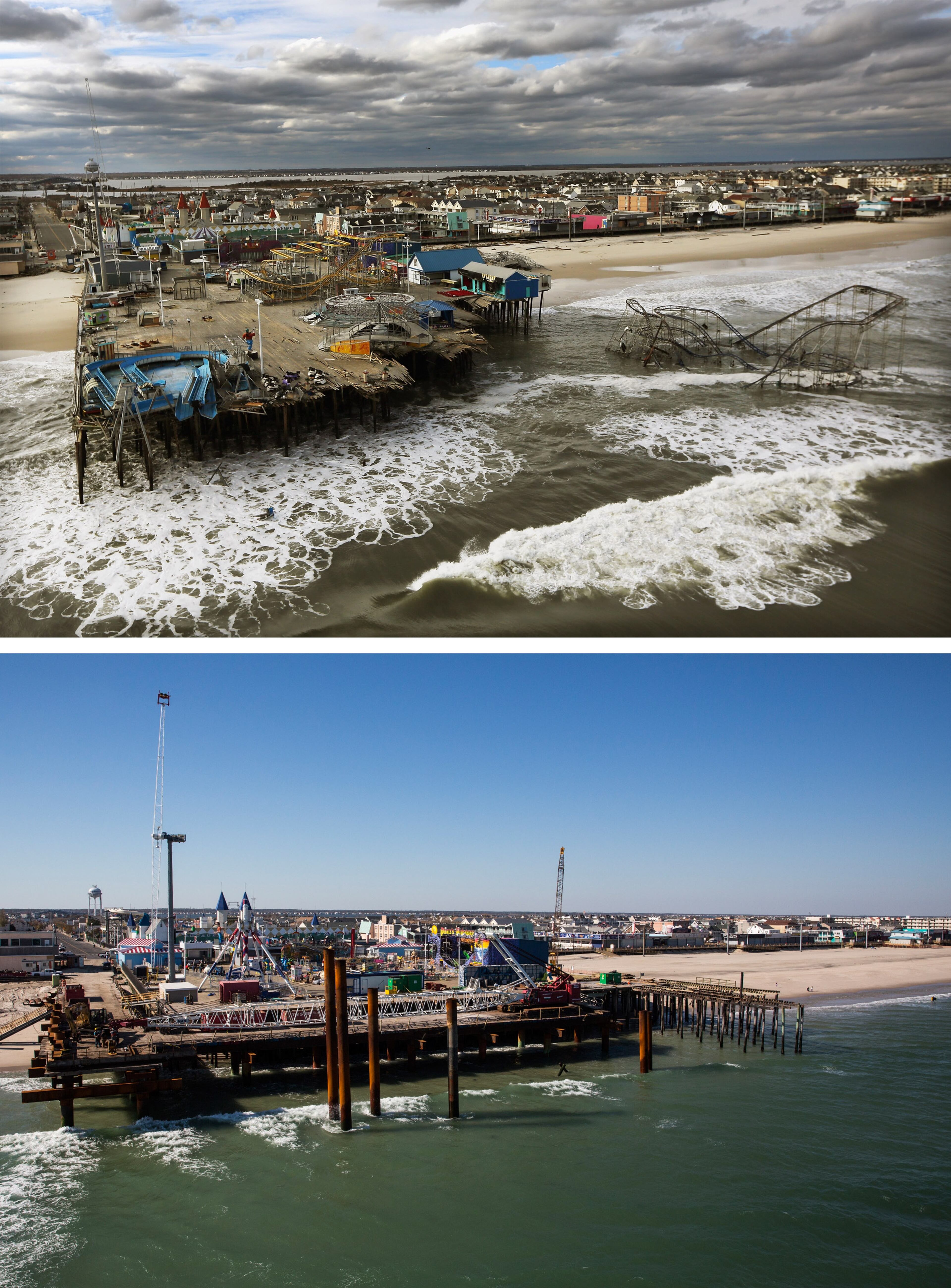 SEASIDE HEIGHTS, NJ - OCTOBER 31: (top) The boardwalk and amusement park in Seaside Heights, New Jersey is shown destroyed by Superstorm Sandy on October 31, 2012. (Photo by Mario Tama/Getty Images) SEASIDE HEIGHTS, NJ - OCTOBER 21: (bottom) The boardwalk and amusement park in Seaside Heights, New Jersey is shown October 21, 2013. Hurricane Sandy made landfall on October 29, 2012 near Brigantine, New Jersey and affected 24 states from Florida to Maine and cost the country an estimated $65 billion. (Photo by Andrew Burton/Getty Images)
