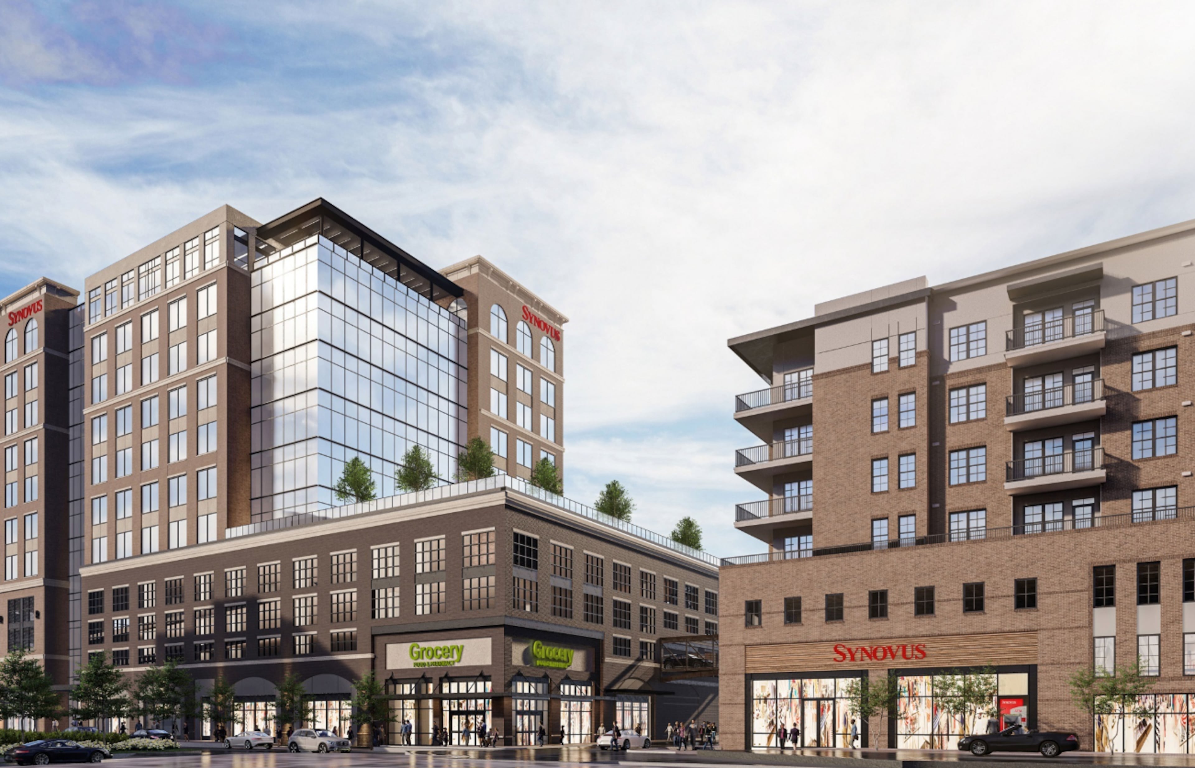 This rendering shows Riverfront Place in Columbus, a mixed-use project that is anchored by Synovus. (Courtesy of W.C. Bradley Real Estate)