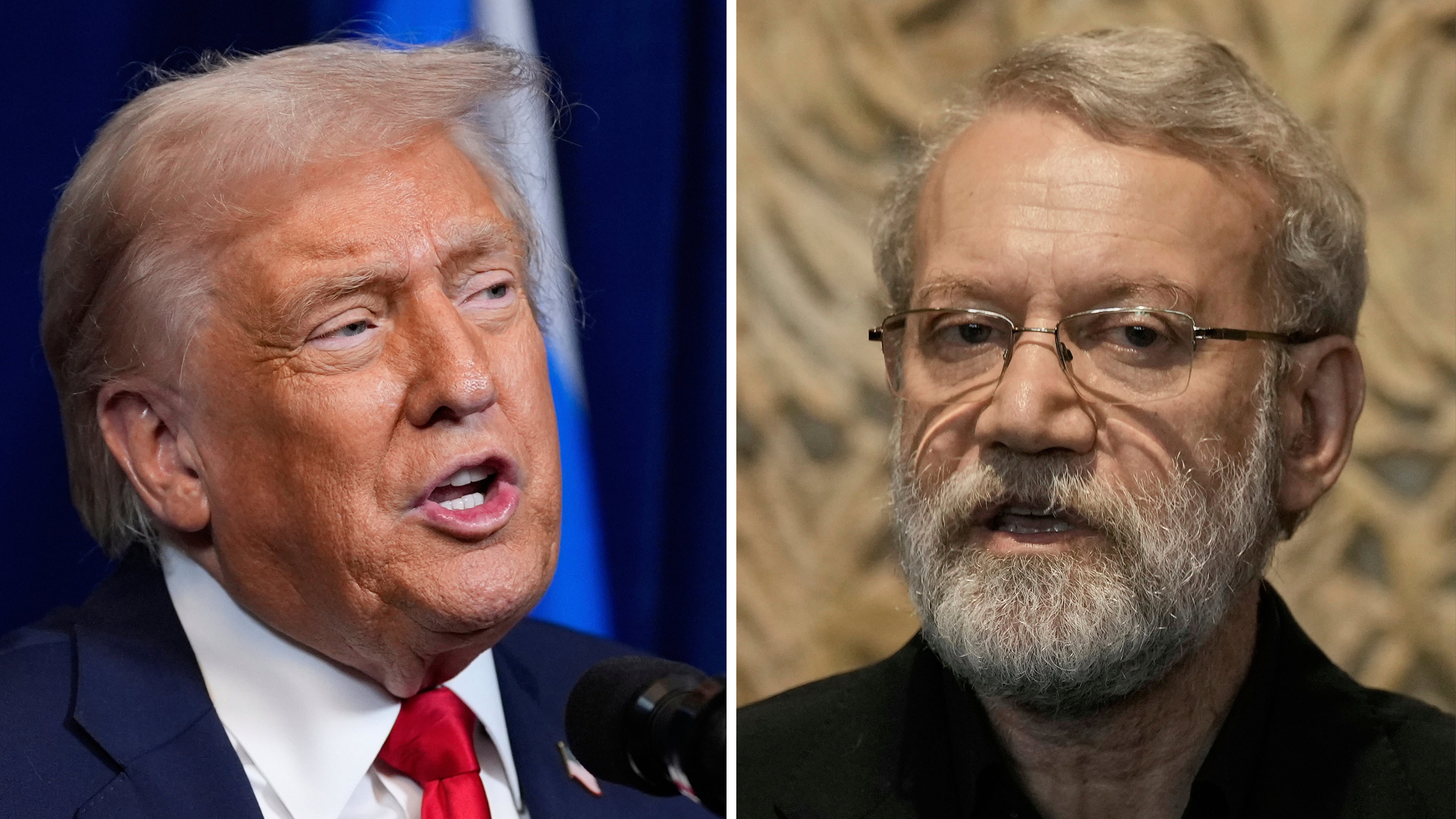 This combo shows President Donald Trump at Mar-a-Lago, Monday, Dec. 29, 2025, in Palm Beach, Fla. and Iranian Secretary of Supreme National Security Council Ali Larijani in Beirut, Lebanon, Wednesday, Aug. 13, 2025. (AP Photo/Alex Brandon, Bilal Hussein)