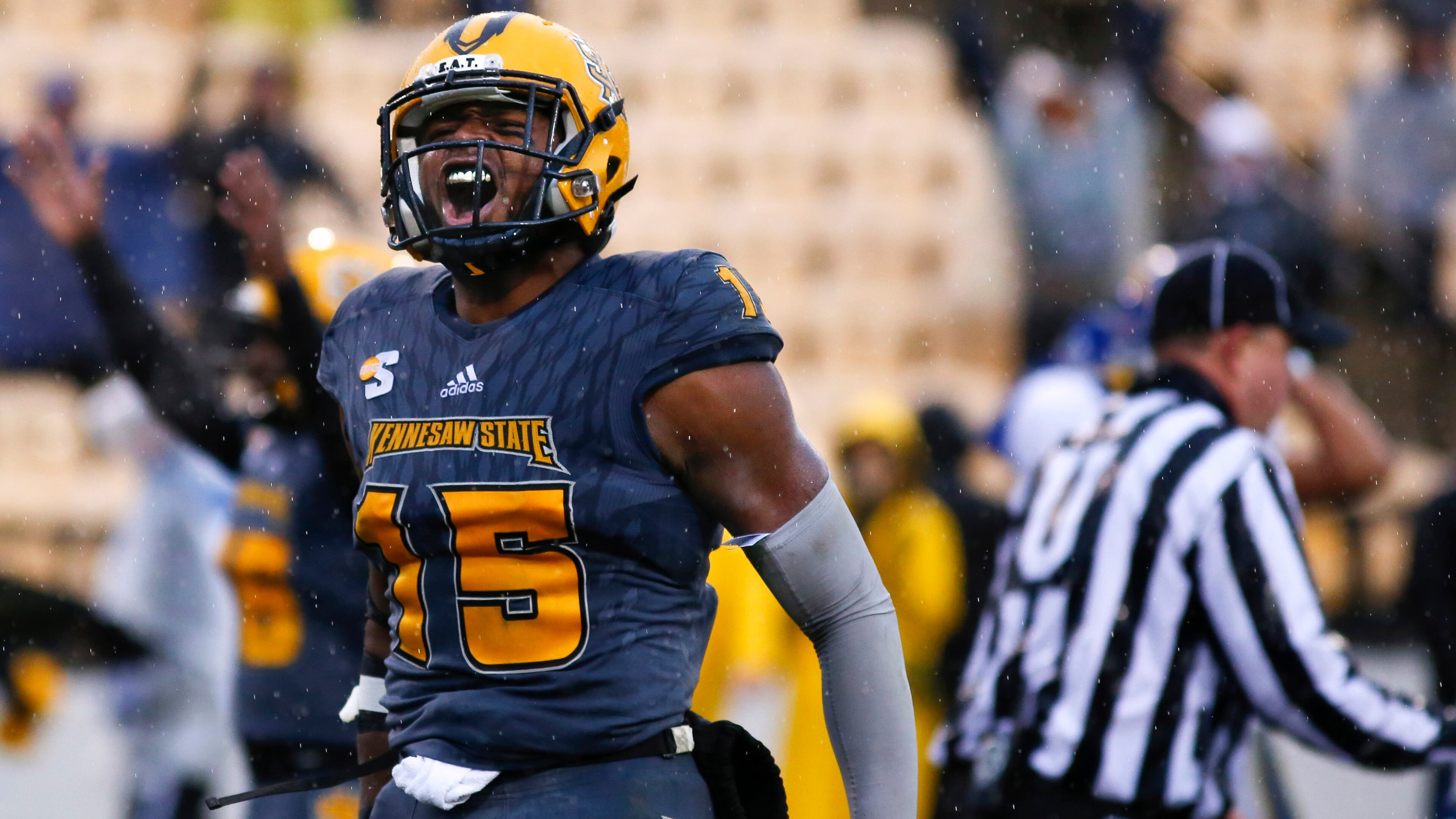 Kennesaw State wide receiver Justin Sumpter (15) celebrates after a touchdown in the FCS quarterfinal college football game between Kennesaw State and South Dakota State Saturday, Dec. 8, 2018, at Fifth Third Bank Stadium in Kennesaw.