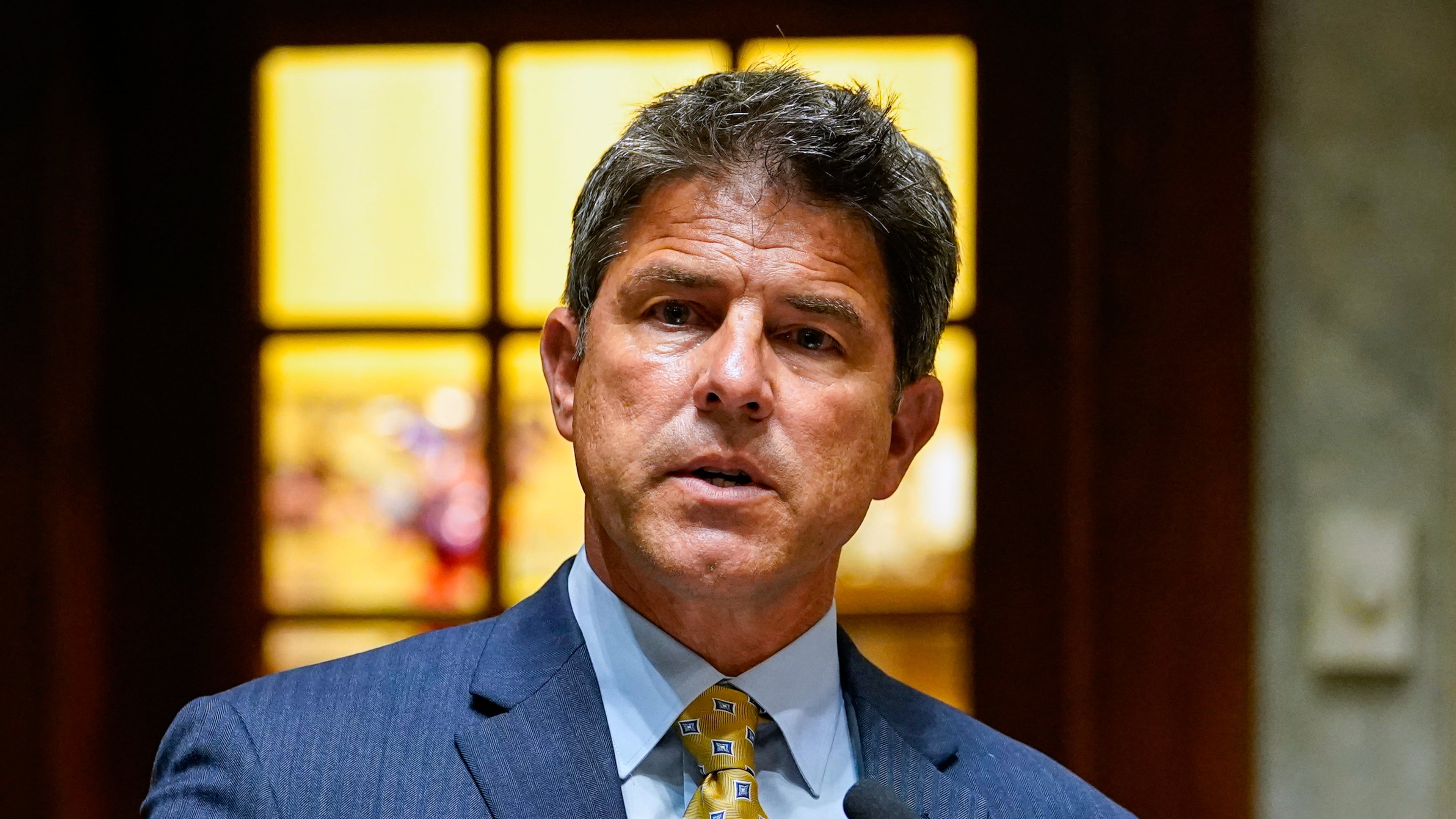 FILE - Senate President Pro Tem Rodric Bray, R-Martinsville, speaks at the Statehouse in Indianapolis, July 20, 2022. (AP Photo/Michael Conroy, File)