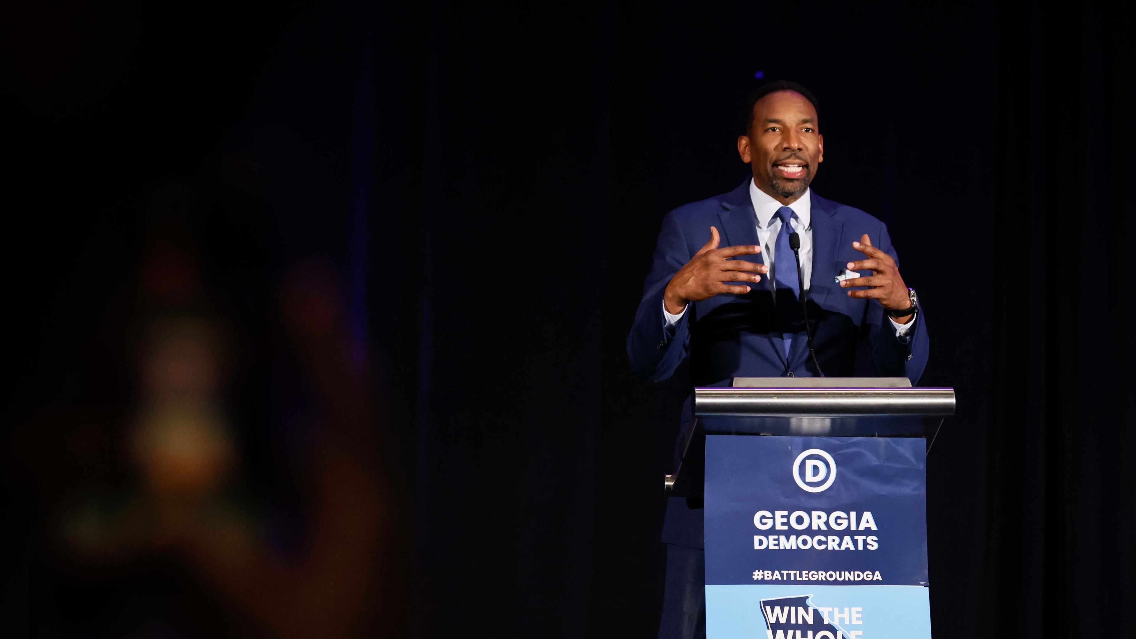 Atlanta Mayor Andre Dickens delivers his remarks during the Democratic election night watch party at the Hyatt Regency Hotel in downtown Atlanta on Tuesday, November 5, 2024, in Atlanta.
(Miguel Martinez / AJC)