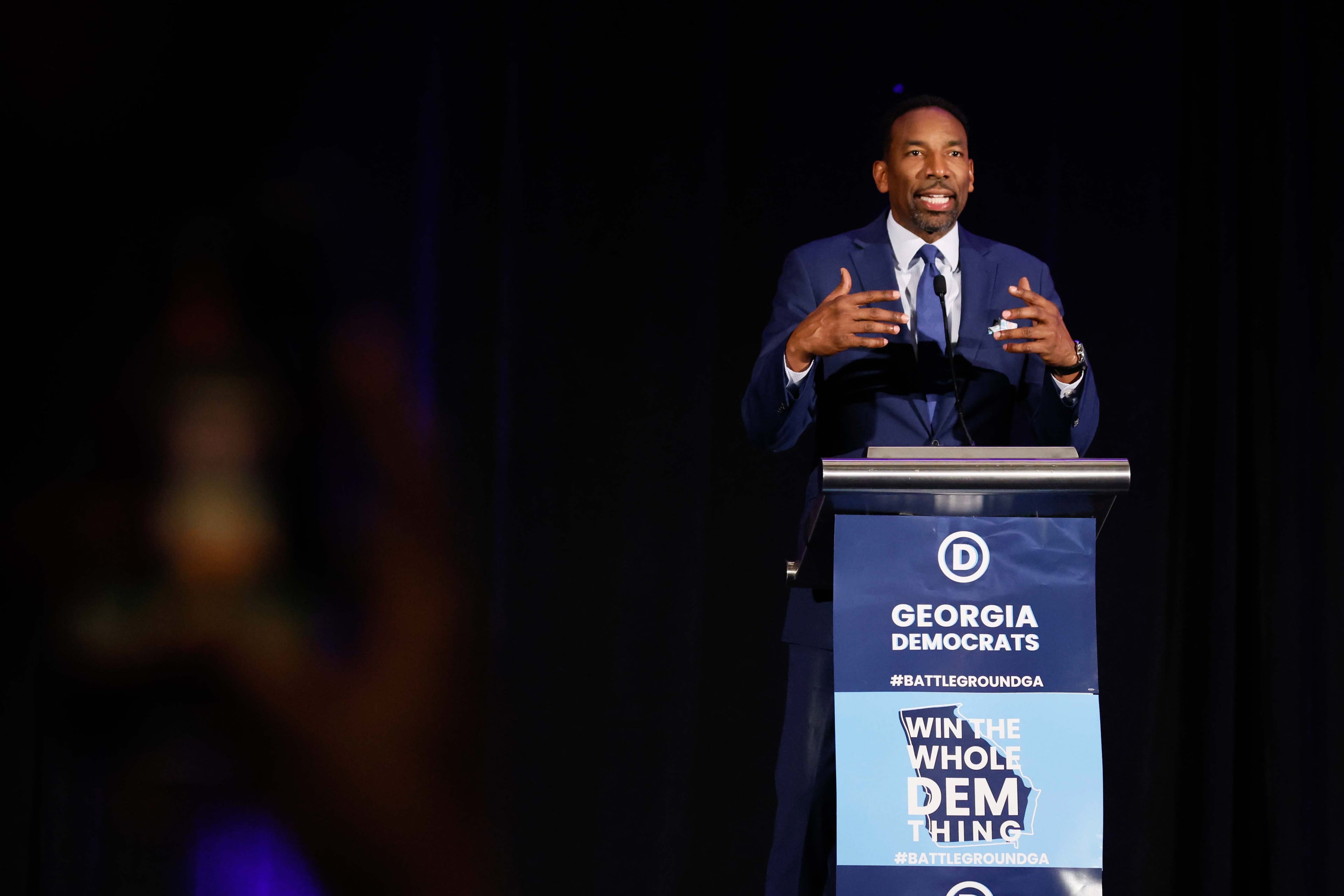 Atlanta Mayor Andre Dickens, here delivering remarks on election night in November, has not commented much on the Trump administration's policies as they relate to the city. (Miguel Martinez/AJC 2024)