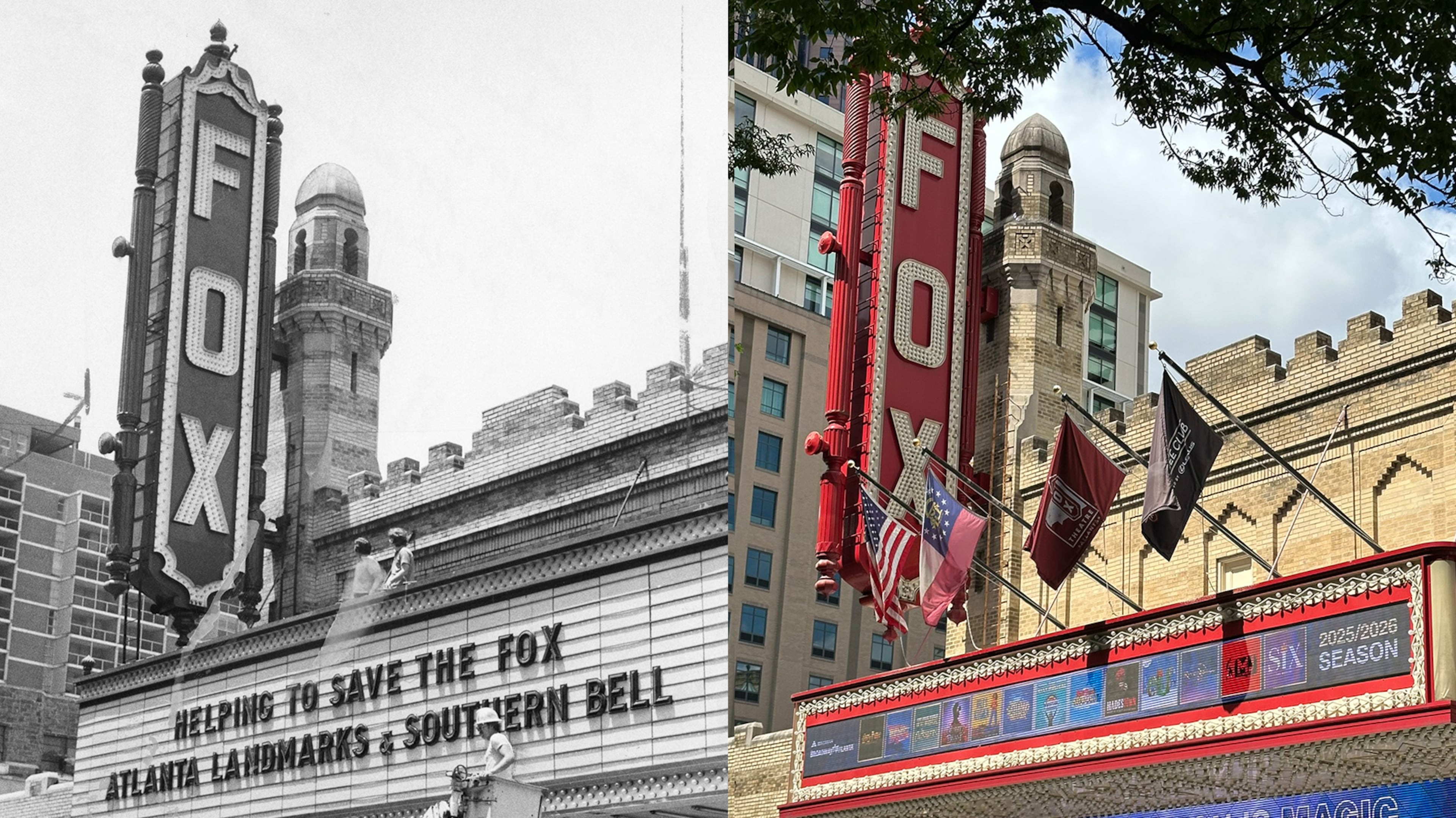The Fox Theatre in 1975 (left) when the "Save the Fox" campaign was in full swing and the theater on July 2, 2025 with more tree foliage across the street and a digital screen but otherwise looking very much the same. (Rodney Ho/AJC)