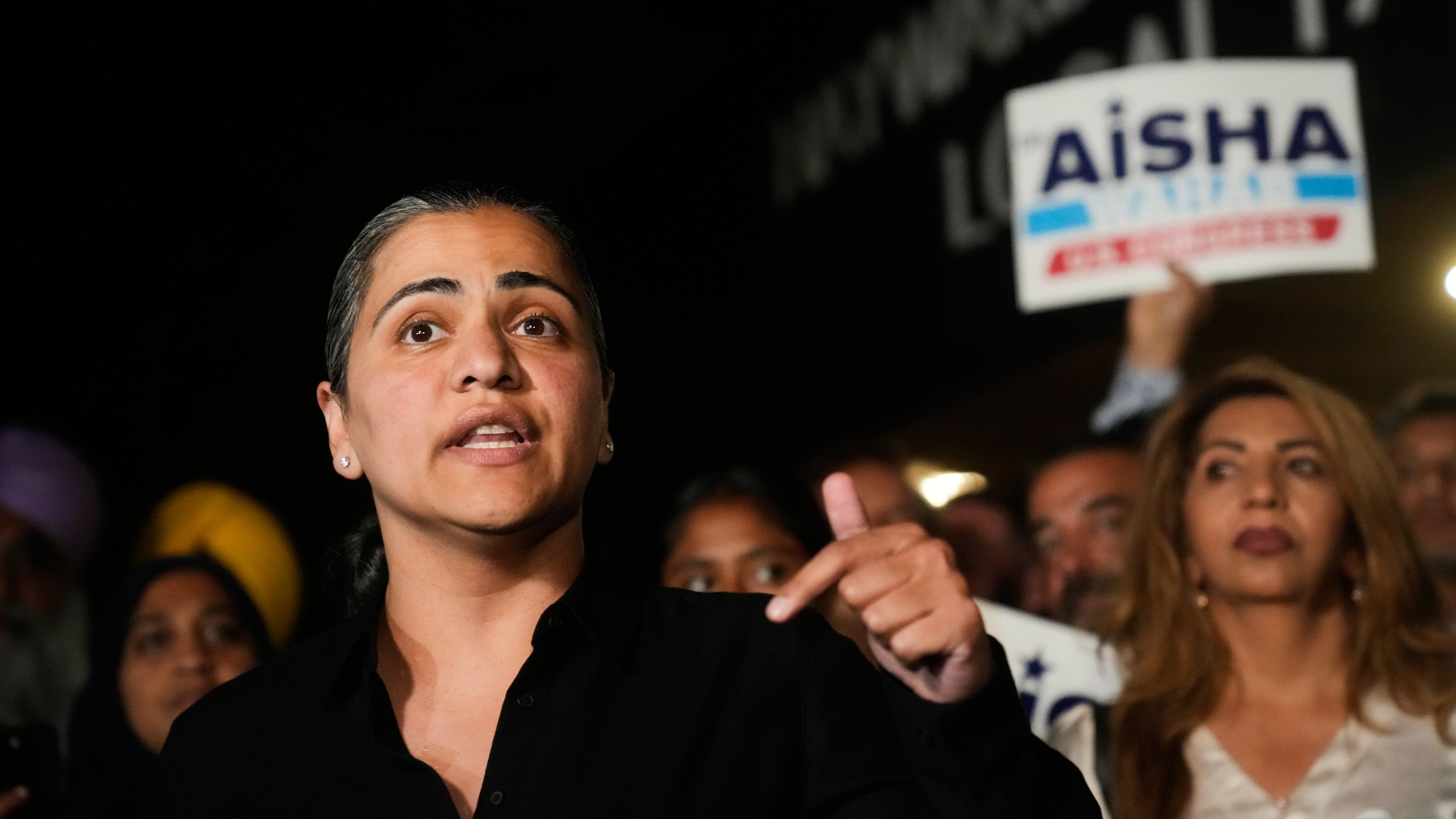 State Sen. Aisha Wahab, a Democratic candidate for Congress in California's 14th district, speaks during a primary election night event on Tuesday, Aug. 18, 2026, in Hayward, Calif. (AP Photo/Jeff Chiu)