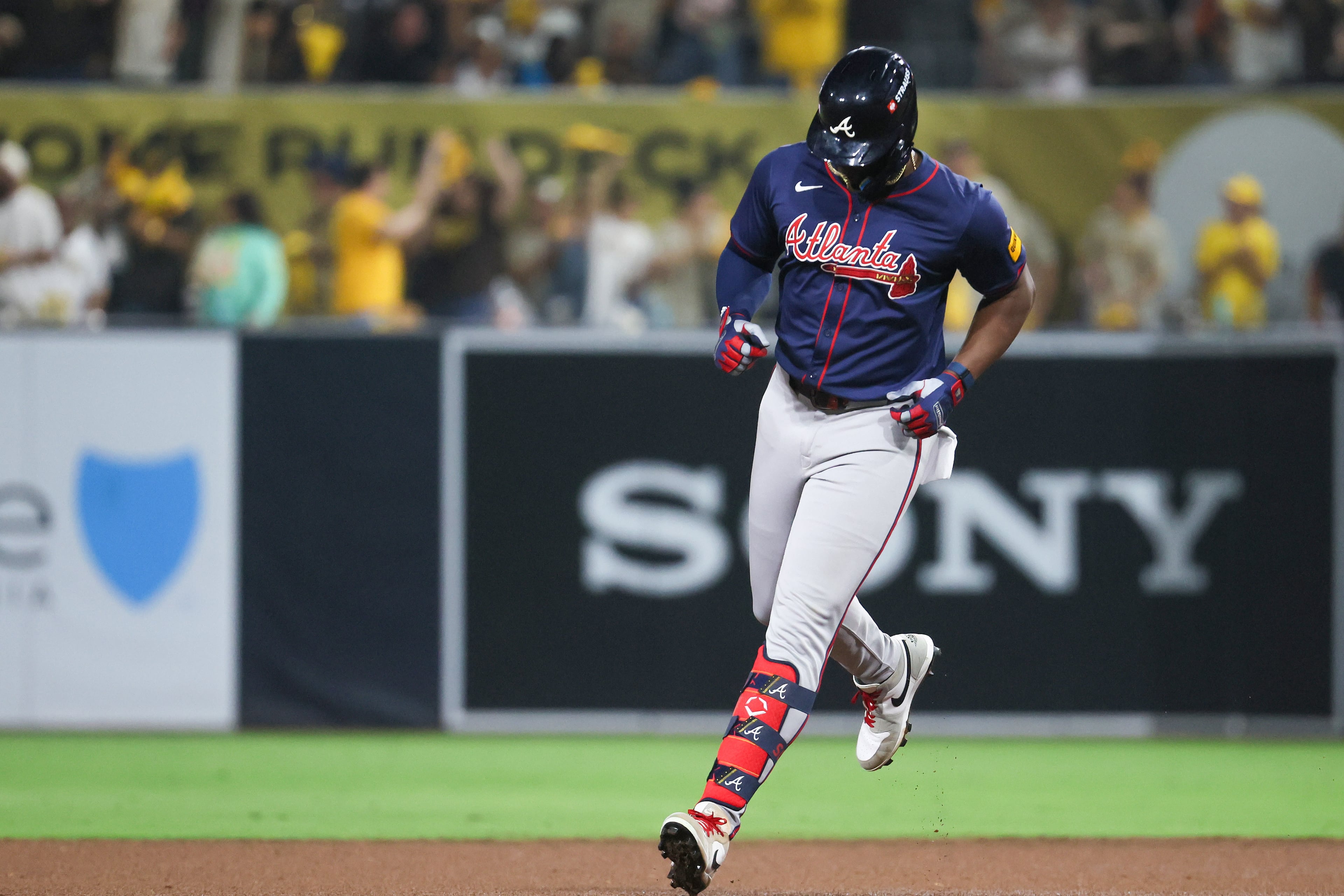 Atlanta Braves’ Jorge Soler reacts after a pop out against the San Diego Padres during the ninth inning of National League Division Series Wild Card Game Two at Petco Park in San Diego on Wednesday, Oct. 2, 2024. Atlanta lost 5-4 allowing the Padres to advance to the Division Series and face the Los Angeles Dodgers. (Jason Getz / Jason.Getz@ajc.com)