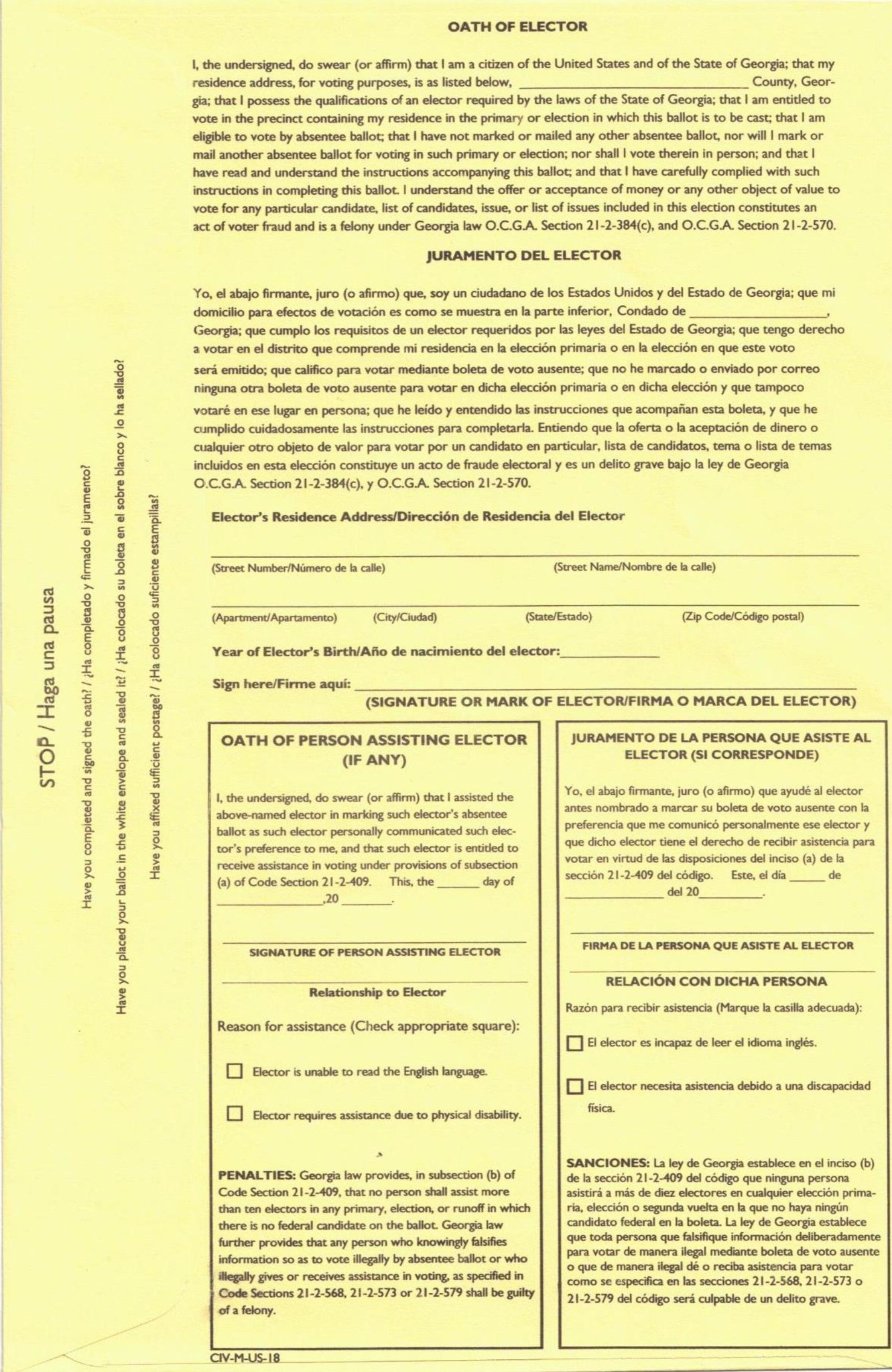 The old absentee ballot envelope design for Gwinnett County came under criticism after the 2018 election. It is being replaced this year.