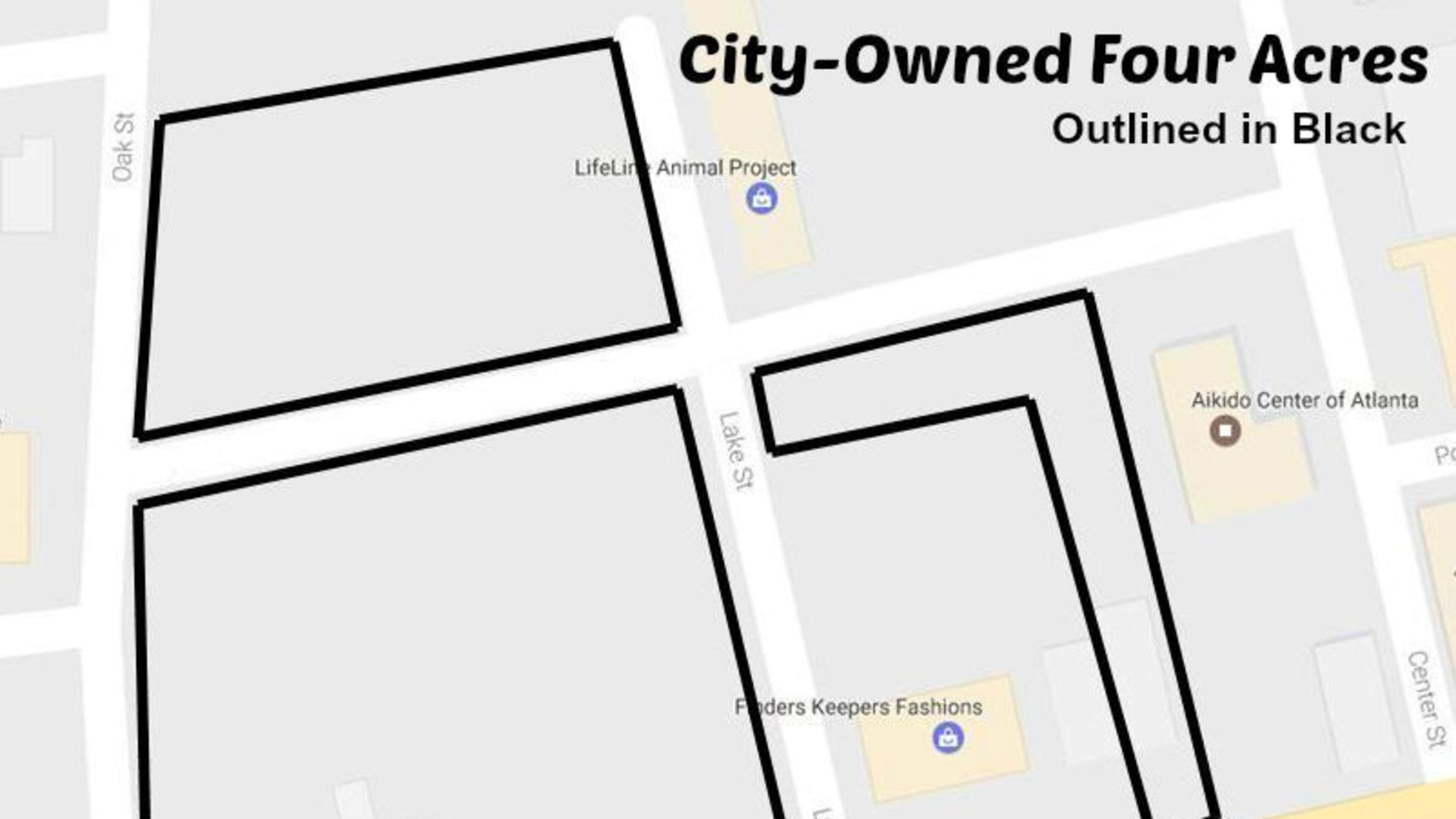 A map of the four acres off North Avondale Road owned by Avondale Estates. The front part of the L-shaped area to the right is the former Rays Indian Originals. The building outlined in the left quadrant is the now-closed Peach State Credit Building. To the right is the current site of the Art Lot. Coutesy City of Avondale Estates.