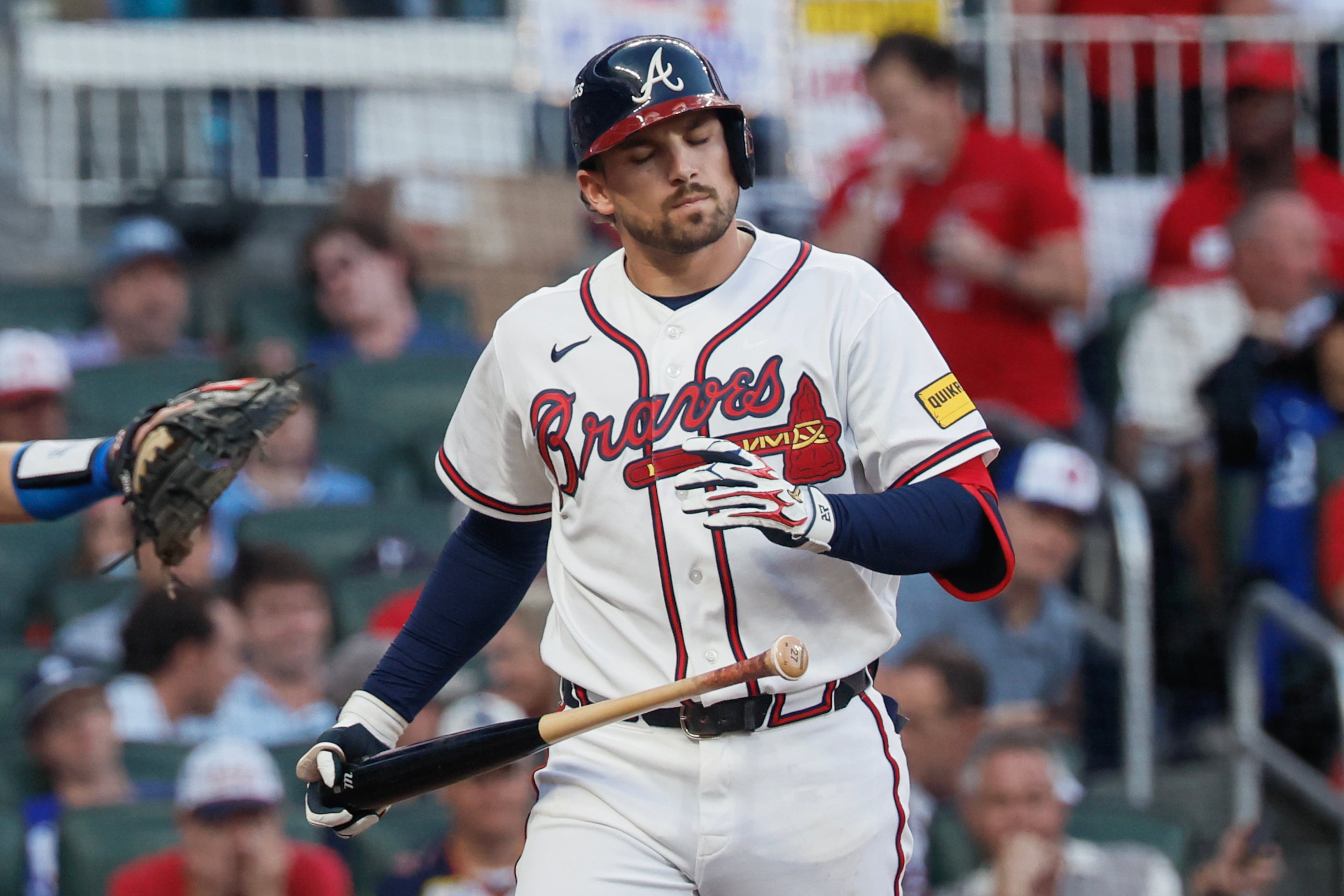 Atlanta Braves' Austin Riley (27) reacts after striking out against the Los Angeles Dodgers during the third inning of Game 4 of the MLB National League Division Series between the Atlanta Braves and the Los Angeles Dodgers, Wednesday, Oct. 7, 2026, in Atlanta. (Miguel Martinez/AJC)