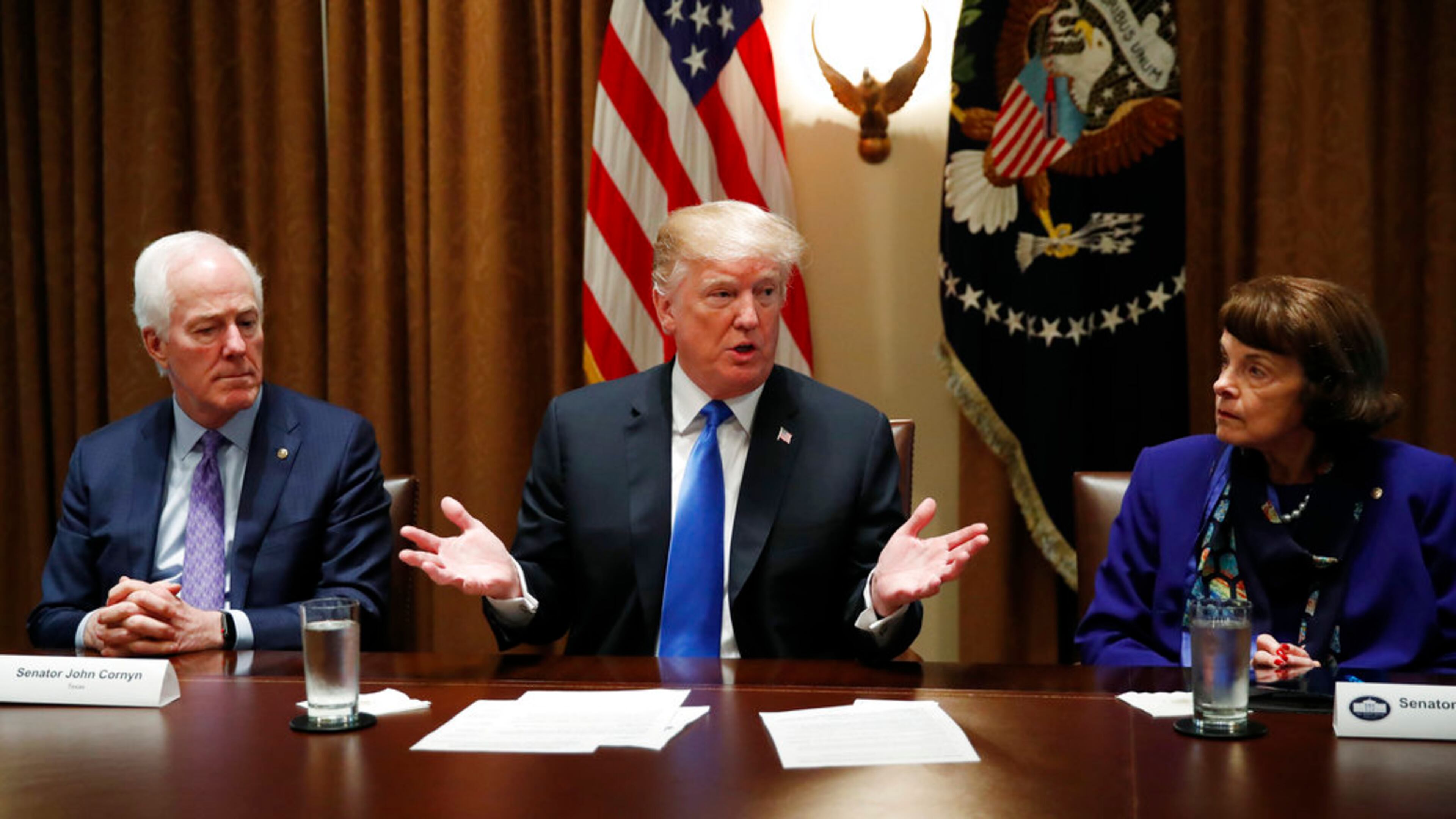President Donald Trump speaks in the Cabinet Room of the White House, in Washington, Wednesday, Feb. 28, 2018, during a meeting with members of Congress to discuss school and community safety. (AP Photo/Carolyn Kaster)
