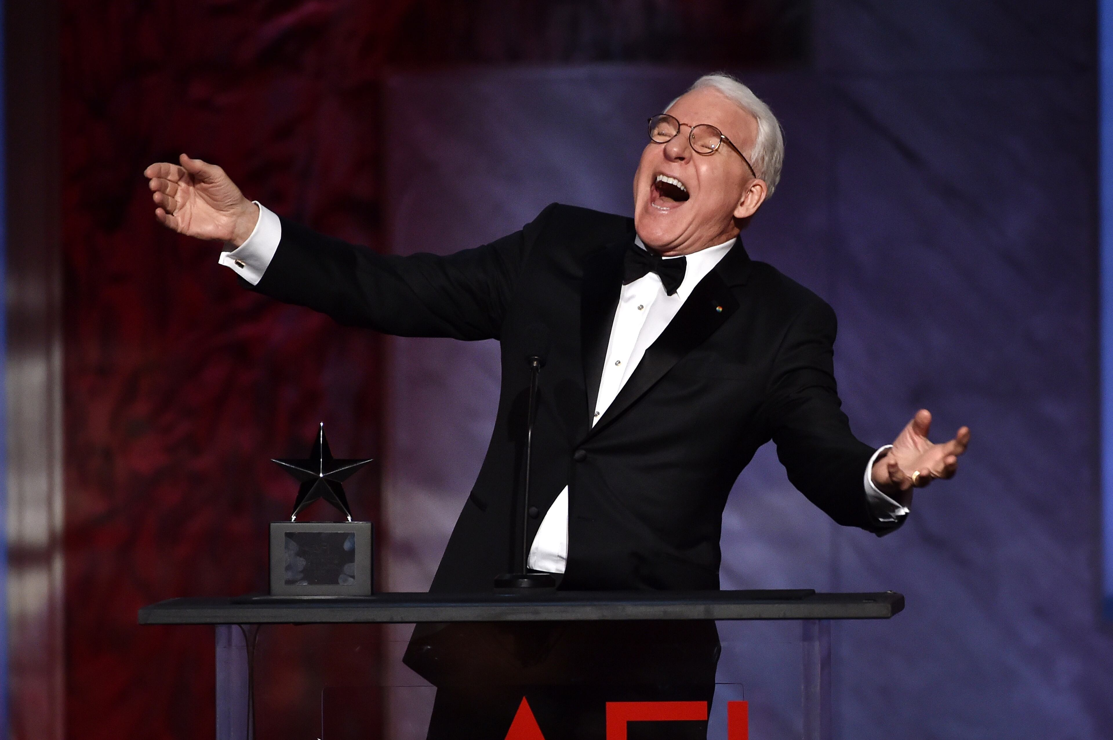 HOLLYWOOD, CA - JUNE 04: Honoree Steve Martin accepts the AFI Life Achievement Award onstage during the 2015 AFI Life Achievement Award Gala Tribute Honoring Steve Martin at the Dolby Theatre on June 4, 2015 in Hollywood, California. 25292_003 (Photo by Kevin Winter/Getty Images for Turner Image)
