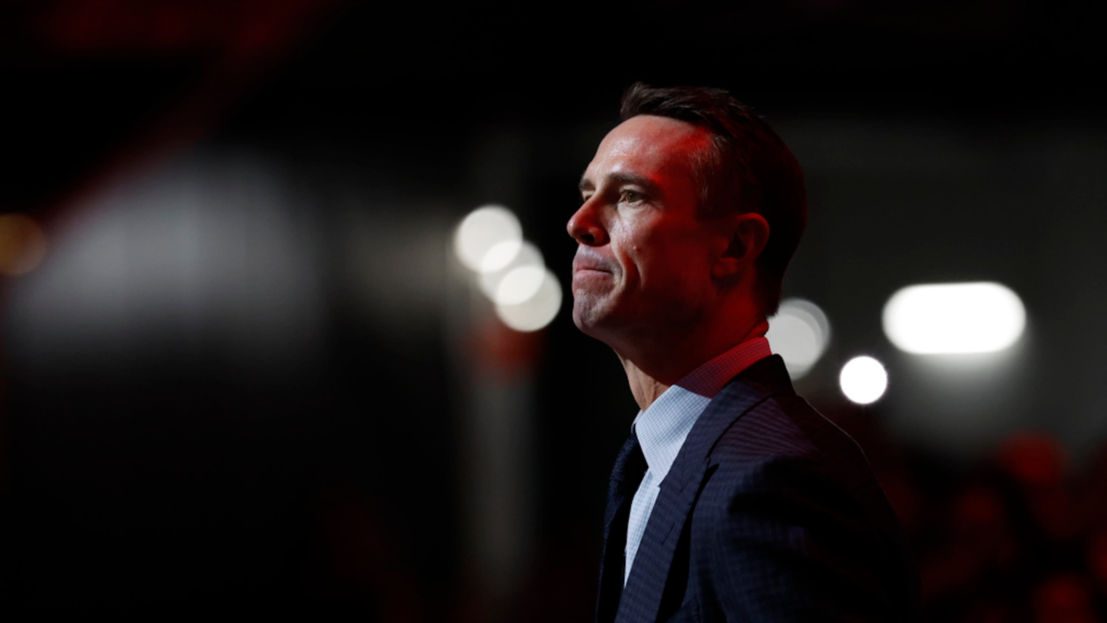 Former Atlanta Falcons quarterback Matt Ryan (shown before being inducted into the Ring of Honor during an NFL football game in Atlanta) is now a CBS broadcaster and a candidate for Falcons president. (Butch Dill/AP 2024)