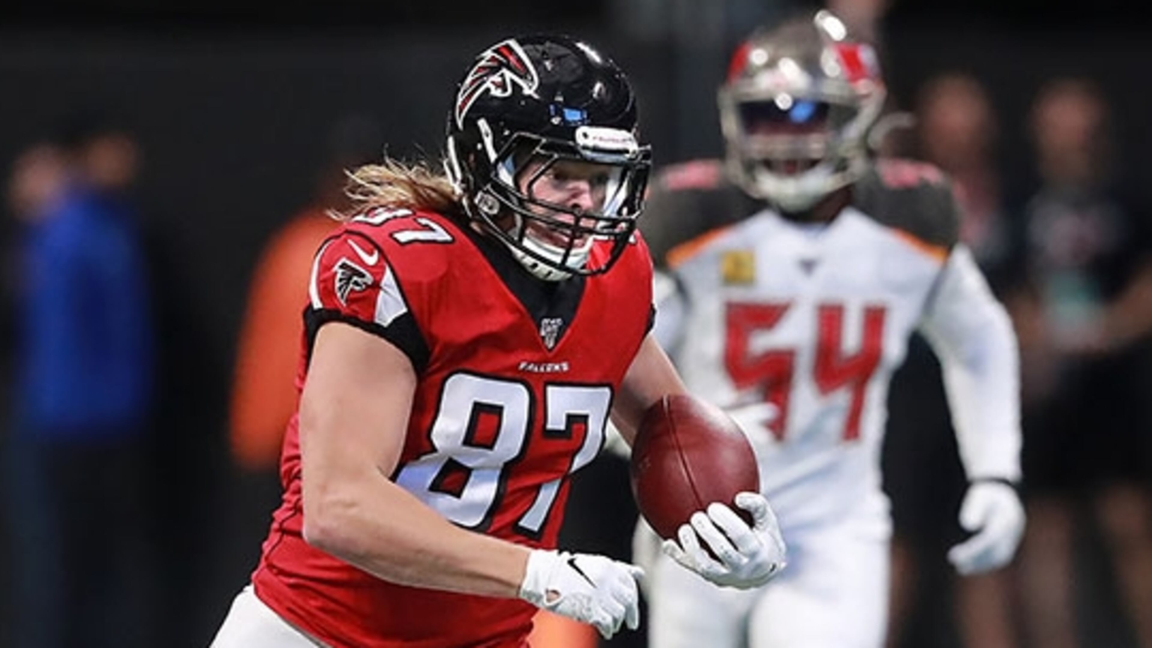 Falcons tight end Jaeden Graham makes a 53-yard reception during the second play of the game against the Buccaneers Sunday, Nov. 24, 2019, at Mercedes-Benz Stadium in Atlanta.