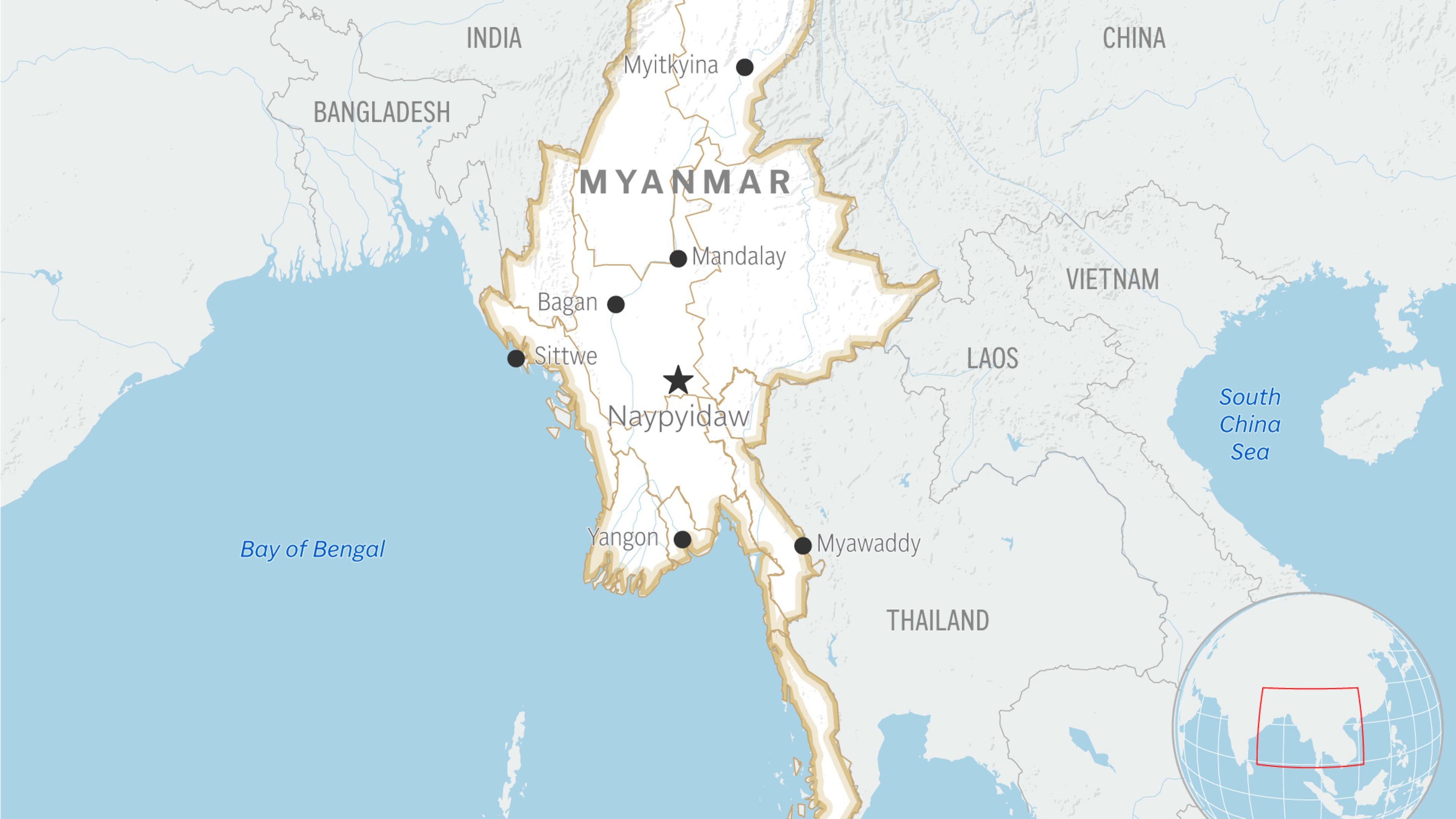 This is a locator map for Myanmar with its capital, Naypyidaw. (AP Photo)