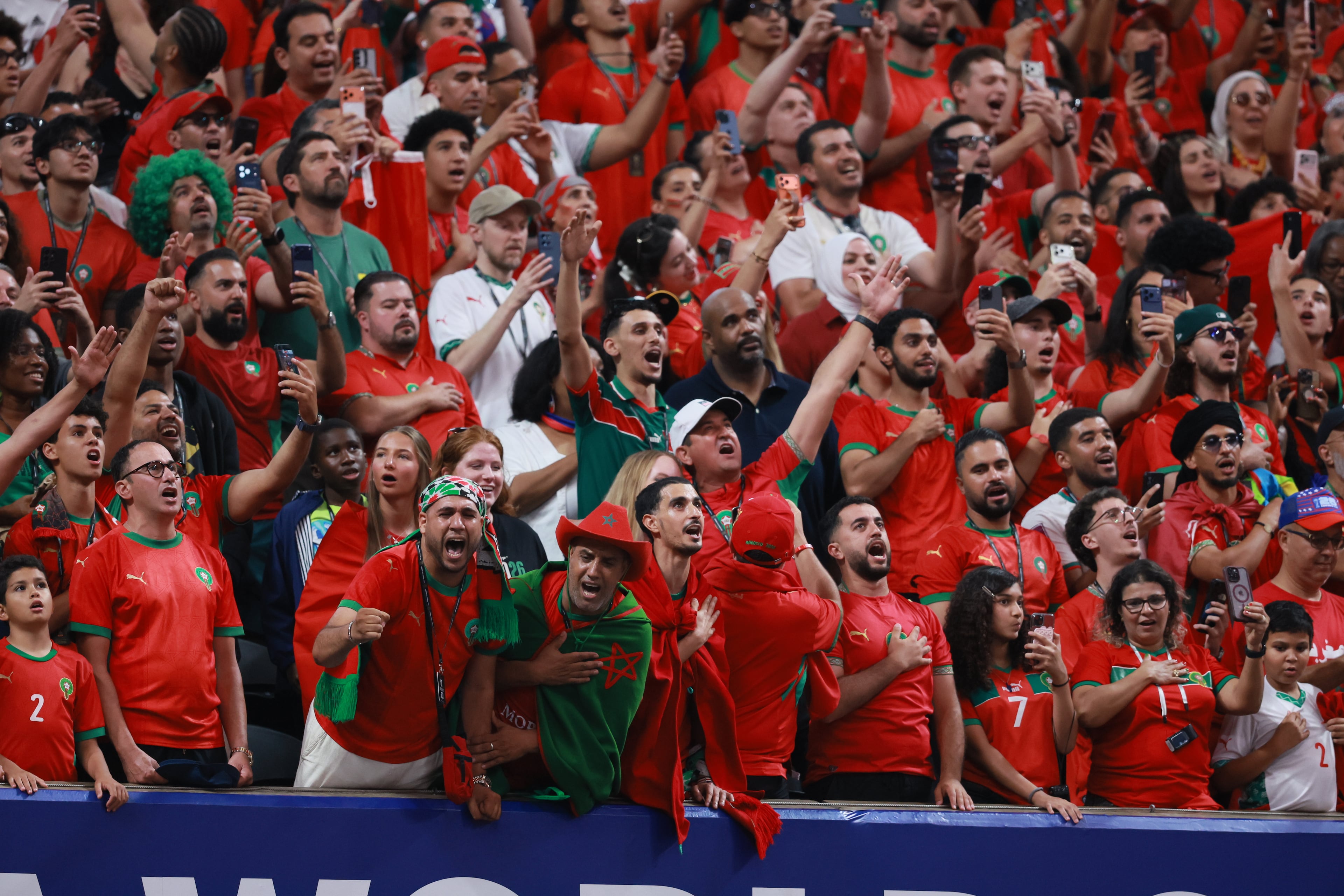 Morocco fans sing their national anthem before start of Morocco vs. Haiti Group C FIFA World Cup match at Atlanta Stadium (Mercedes-Benz Stadium) on Wednesday, June 24, 2026. (Jason Getz/AJC)