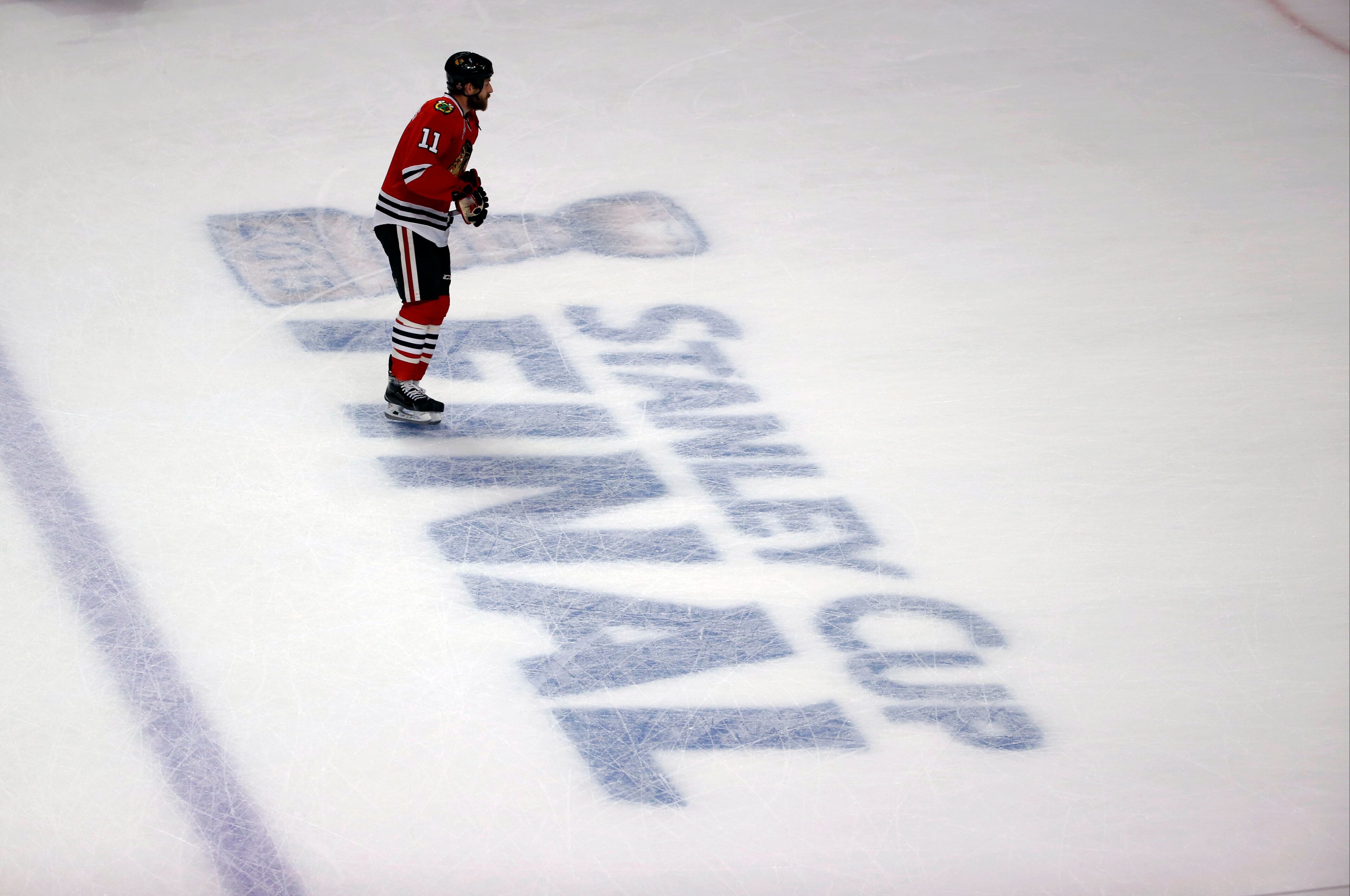 Chicago Blackhawks' Andrew Desjardins skates on the ice before the start of Game 3 of the NHL hockey Stanley Cup Final against the Tampa Bay Lightning on Monday, June 8, 2015, in Chicago. (AP Photo/Charles Rex Arbogast)