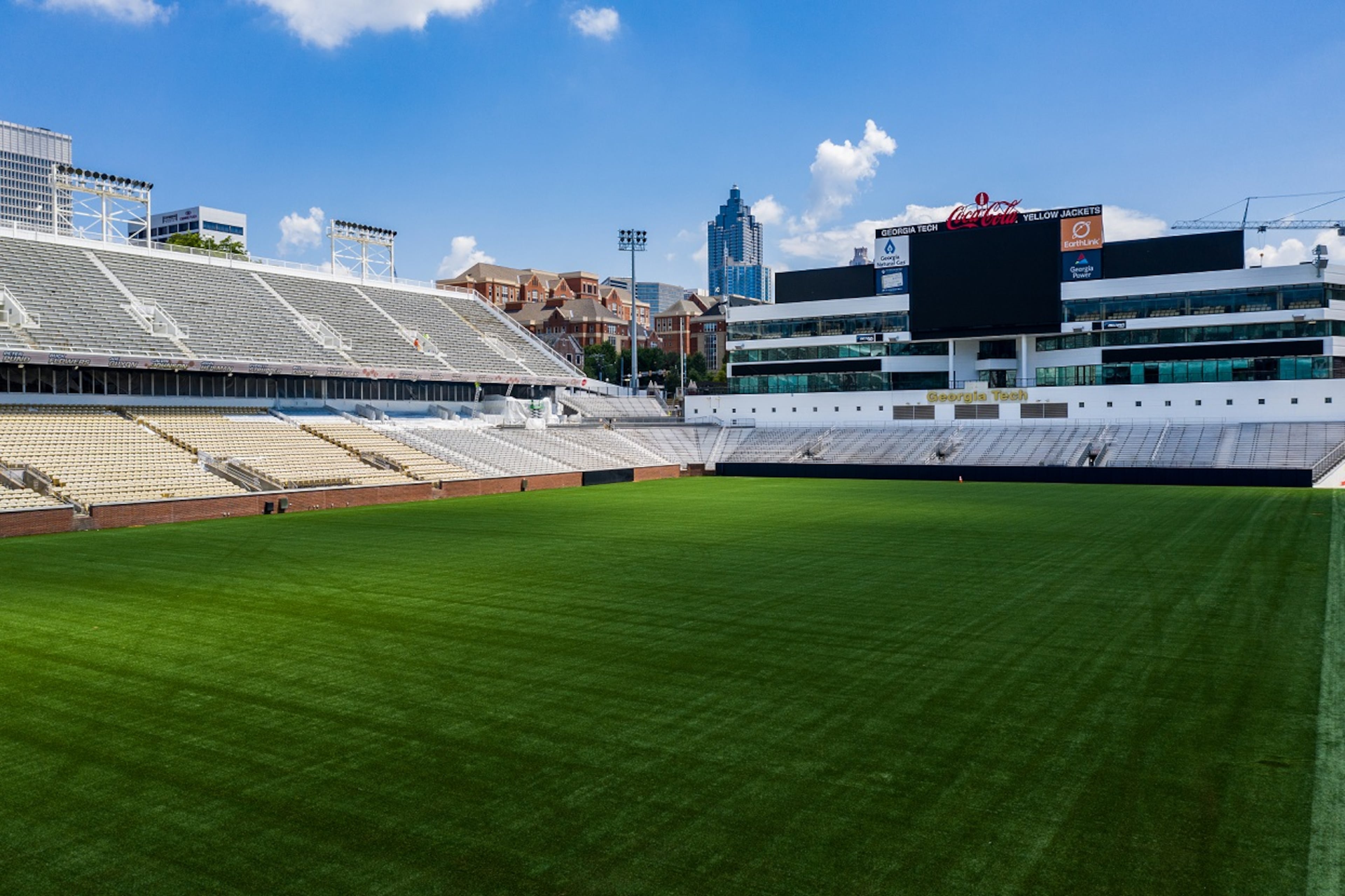 This photo from July 16, 2020 shows work continuing on the installation of an artificial-turf surface on Grant Field at Georgia Tech’s Bobby Dodd Stadium. The project began in the spring of 2020, with an expected completion in late July.