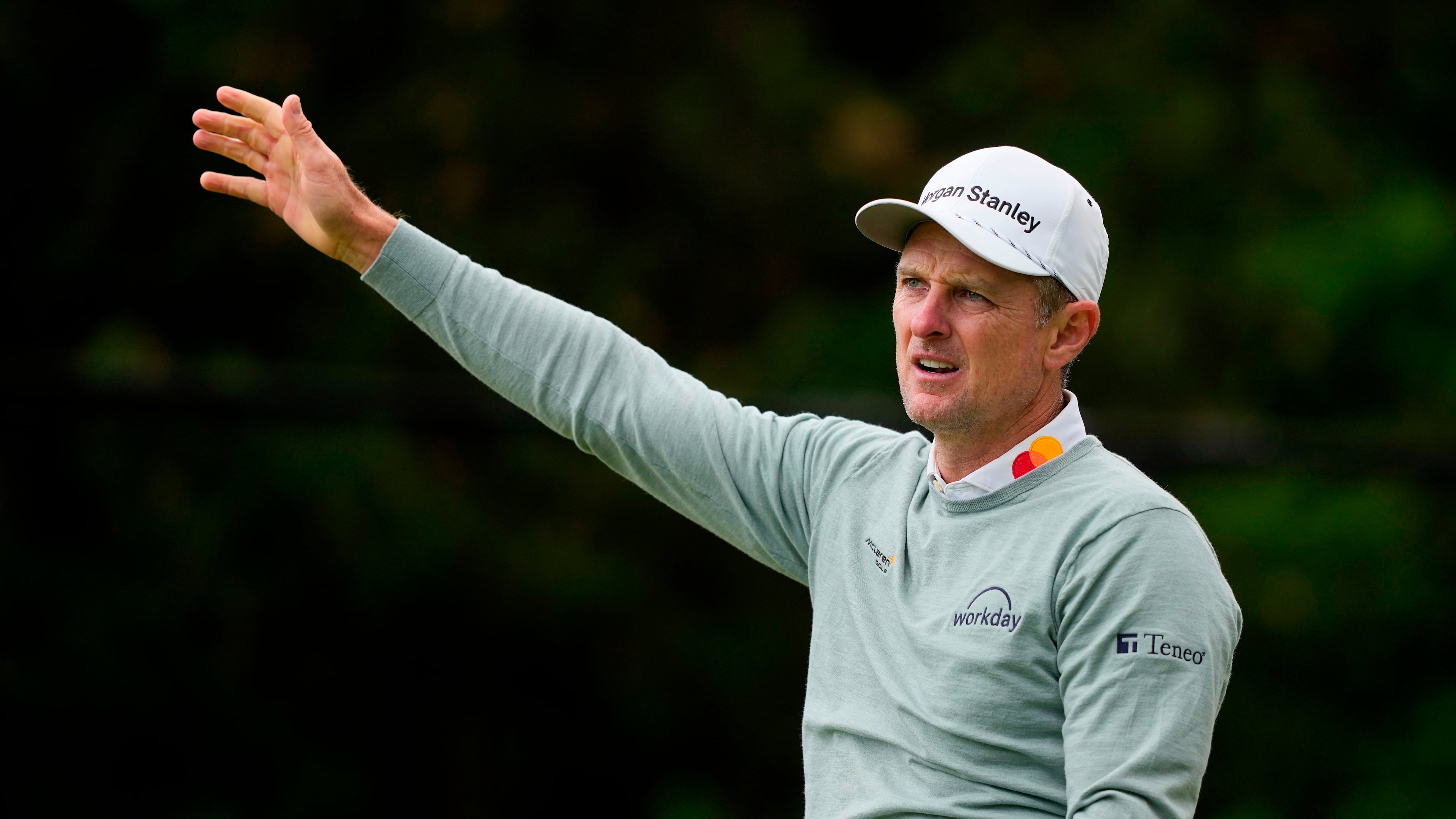 Justin Rose, of England, hits from the 13th tee during the second round of the PGA Championship golf tournament at Aronimink Golf Club, Friday, May 15, 2026, in Newtown Square, PA. (AP Photo/Carolyn Kaster)