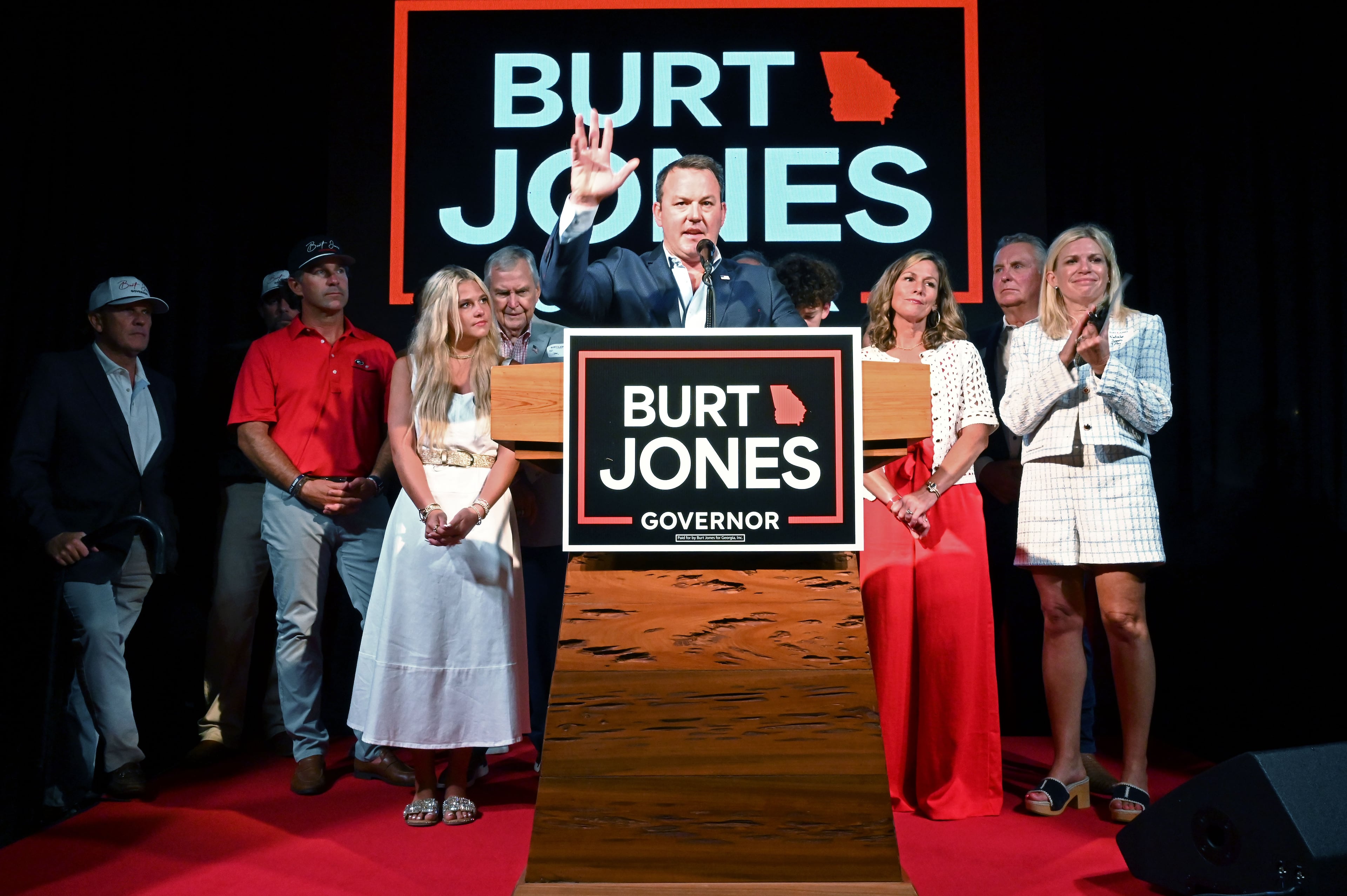 Georgia gubernatorial candidate Burt Jones thanks his supporters during his concession speech at his election night watch party at The Rivers Ranch during Georgia’s primary runoff on Tuesday, June 16, 2026, in Jackson. (Hyosub Shin/AJC)