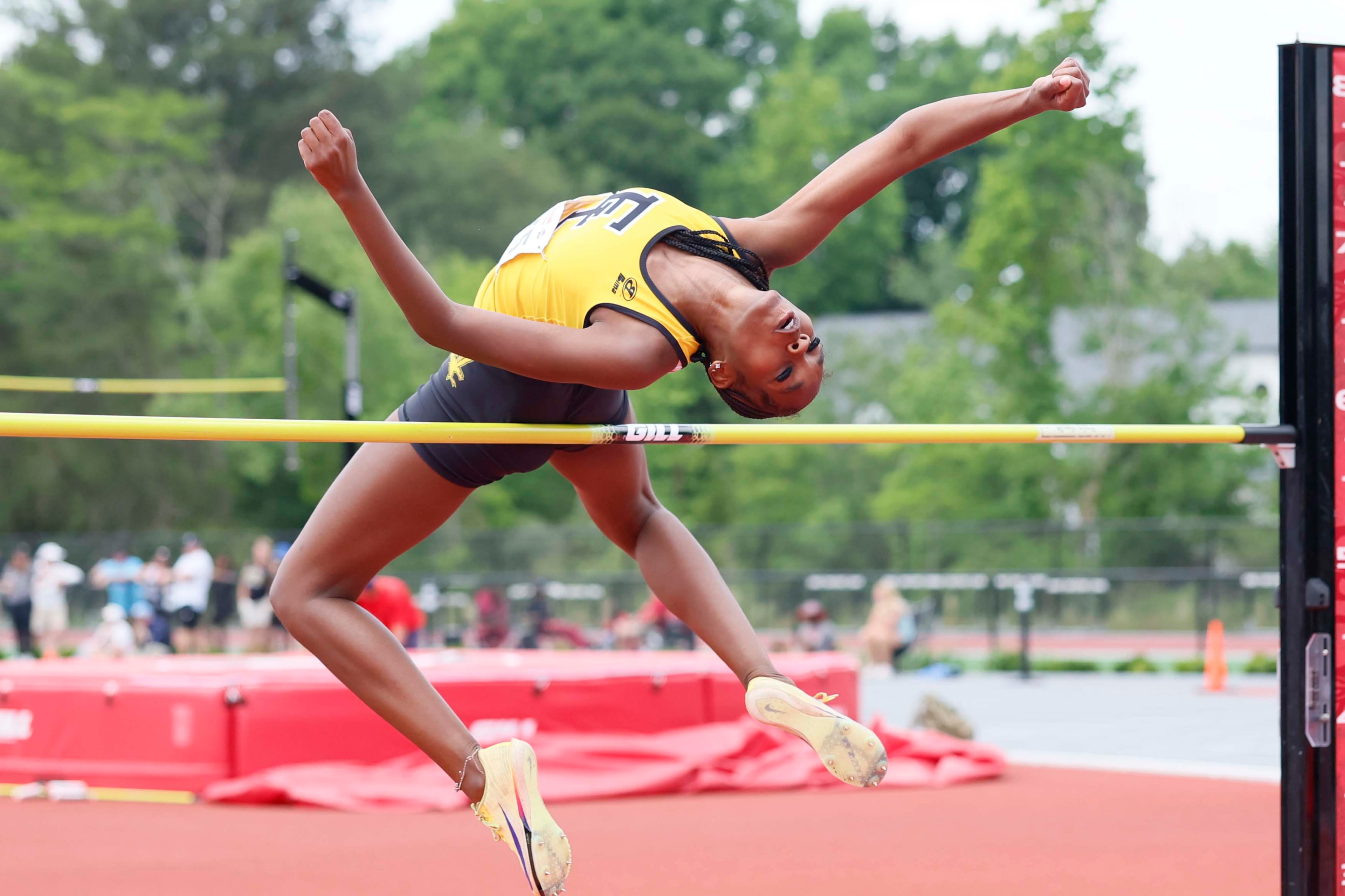 Eagle’s Landing High School’s Savanna Wade jumps in the Girls High Jump AAAA event during the GHSA Track and Field State Championship at UGA Spec Towns Track on Monday, May 11, 2026, in Athens. (Miguel Martinez/AJC)