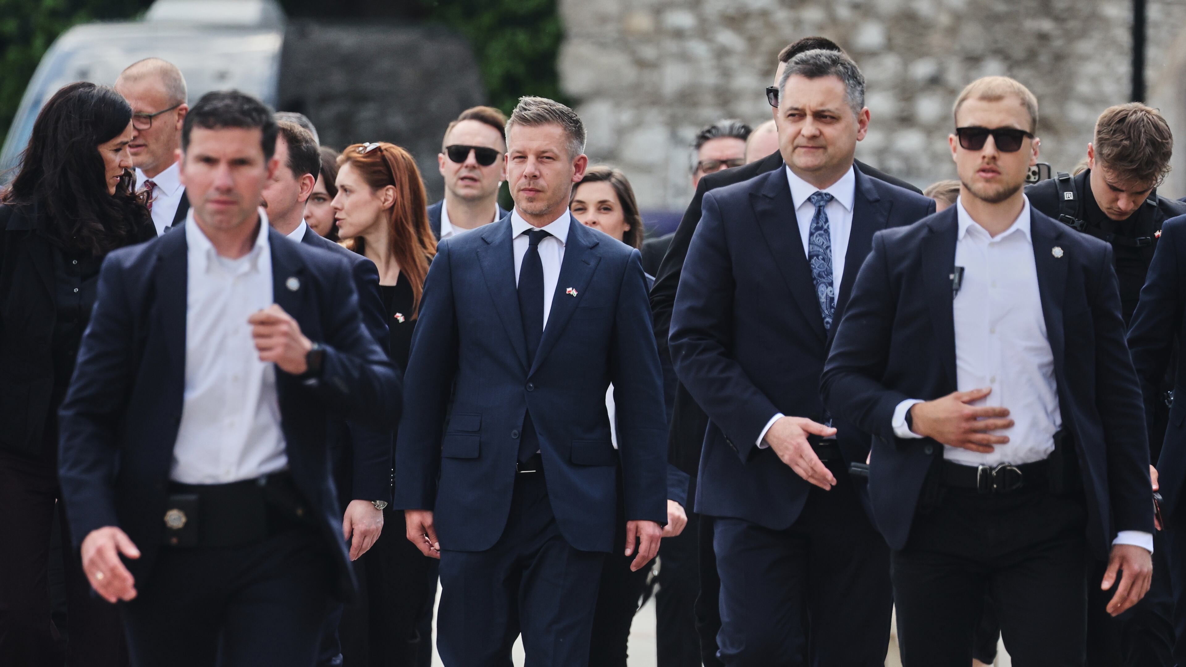 Hungarian Prime Minister Peter Magyar, center, arrives at the Wawel Cathedral during his visit in Krakow, Poland Tuesday, May 19, 2026. (AP Photo/Beata Zawrzel)