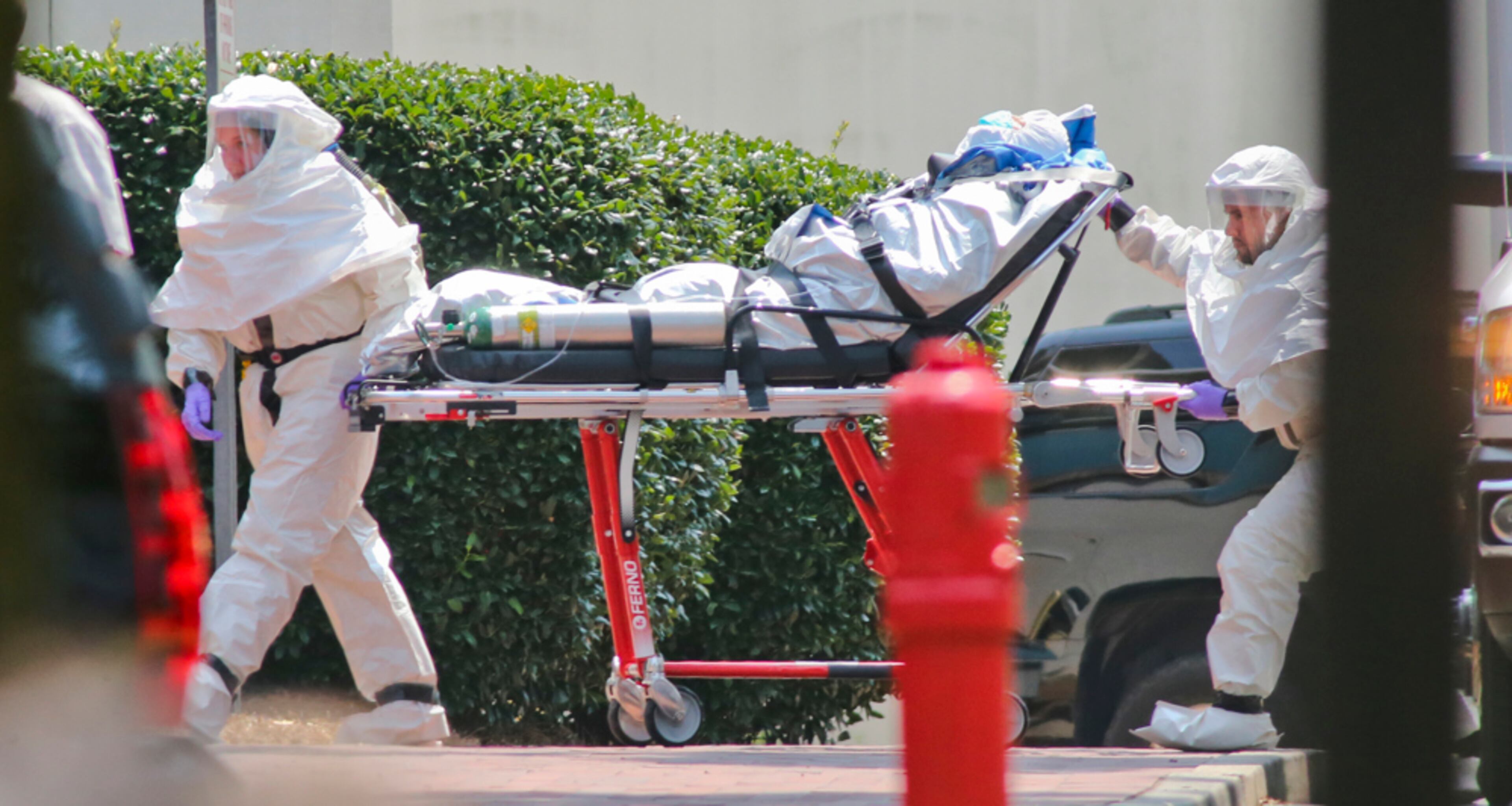 SECOND EBOLA VICTIM COMES TO EMORY--August, 5, 2014 Atlanta: Medical workers roll patient, Nancy Writebol into Emory University Hospital. The second American aid worker infected with Ebola arrived Tuesday, Aug. 5, 2014 in Atlanta. Nancy Writebol arrived in a chartered jet at Dobbins Air Reserve Base and was then taken in an ambulance to Emory University Hospital. She was taken from the ambulance by gurney and rolled into the hospital by suited medical personnel. Three days earlier, Dr. Kent Brantly, also diagnosed with the virus, arrived at Emory walked from the ambulance. The two patients are being treated in an isolation unit. JOHN SPINK/JSPINK@AJC.COM