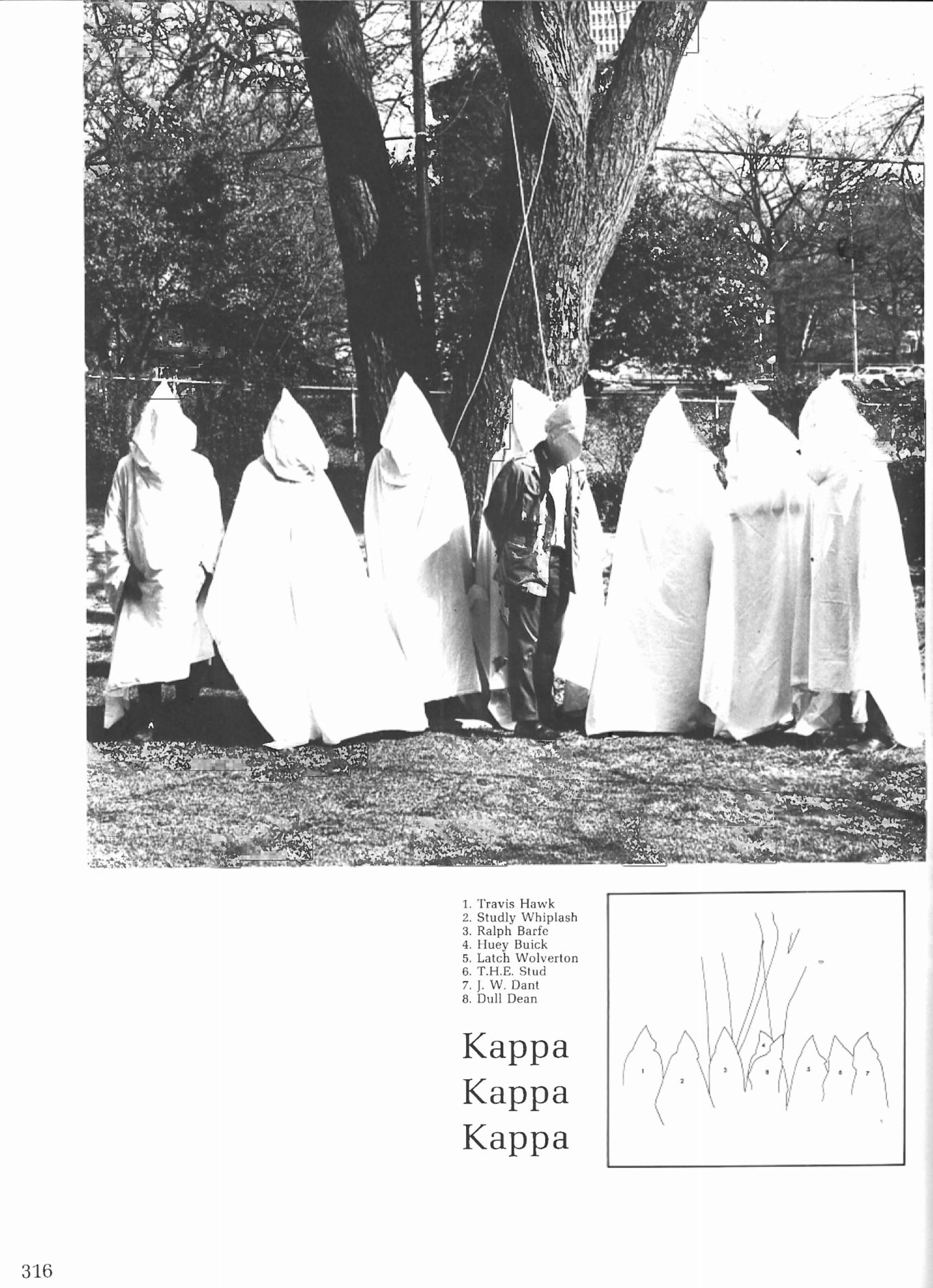 In a 1968 Georgia Tech yearbook, 8 students can be seen depicting a mock KKK lynching. The page substitutes the Ks in Ku Klux Klan with Kappa Kappa Kappa--a fraternity that did not exist on campus. The associated names are all fake.