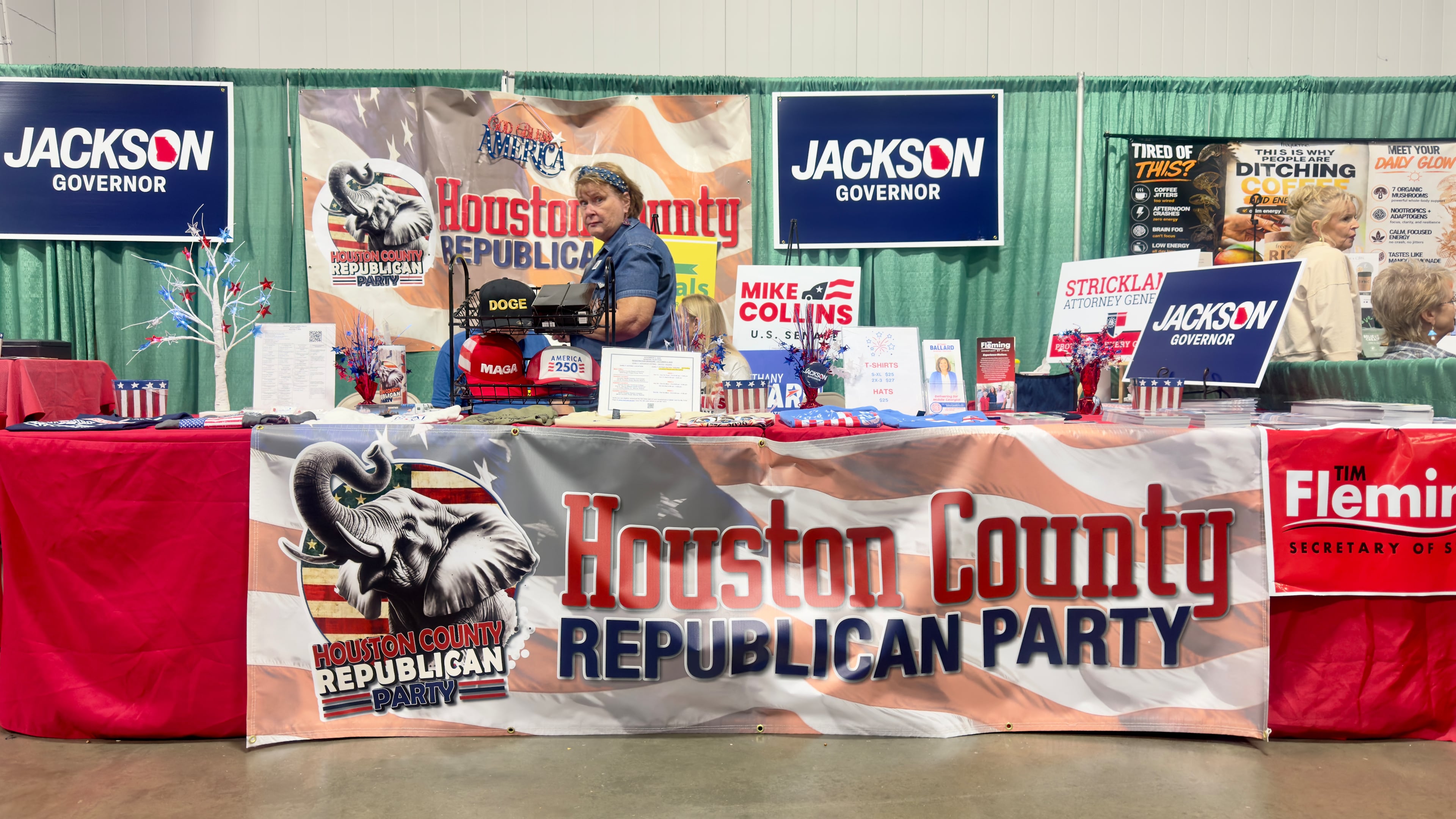 A campaign booth for the Houston County Republican Party at the Georgia National Fair in Perry. (Joe Kovac Jr./AJC)