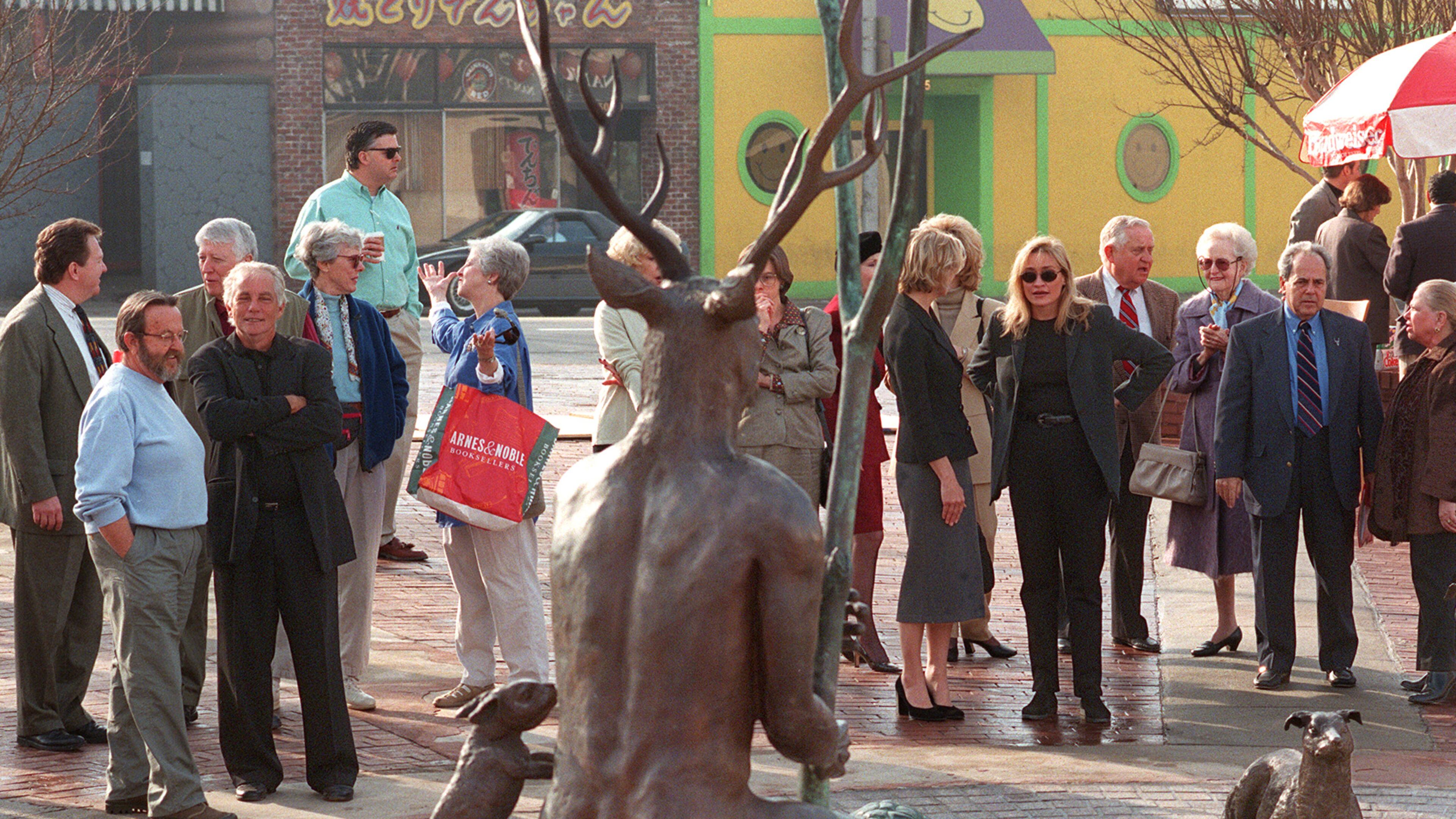 The controversial 'buckman' statue is dedicated Friday, Feb. 29, 1999, at Buckhead Park. (NICK ARROYO/AJC File)