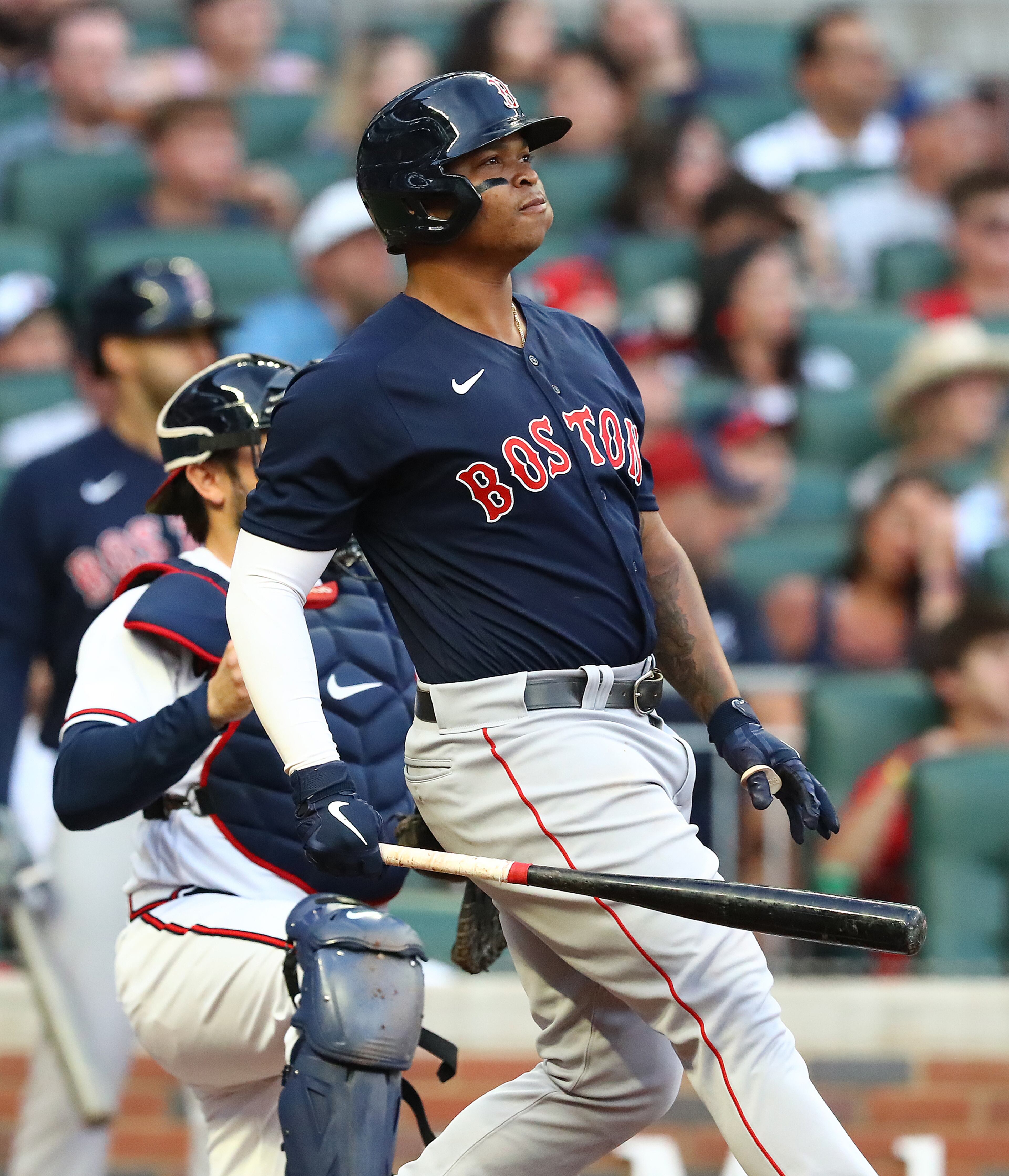 051022 Atlanta: Boston Red Sox batter Rafael Devers admires his grand slam leaving the park off Atlanta Braves starting pitcher Kyle Wright to take a 6-0 lead during the second inning of a MLB baseball game on Tuesday, May 10, 2022, in Atlanta. “Curtis Compton / Curtis.Compton@ajc.com”