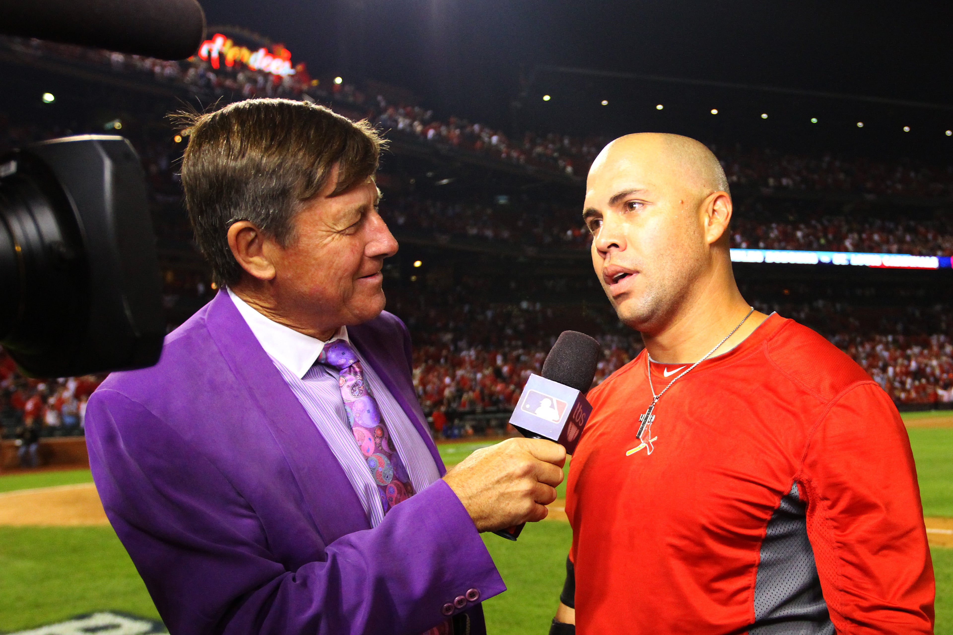 Carlos Beltran of the St. Louis Cardinals is interviewed by Craig Sager after their 3-2 win over the Los Angeles Dodgers in Game One of the National League Championship Series at Busch Stadium on October 11, 2013 in St Louis, Missouri.
