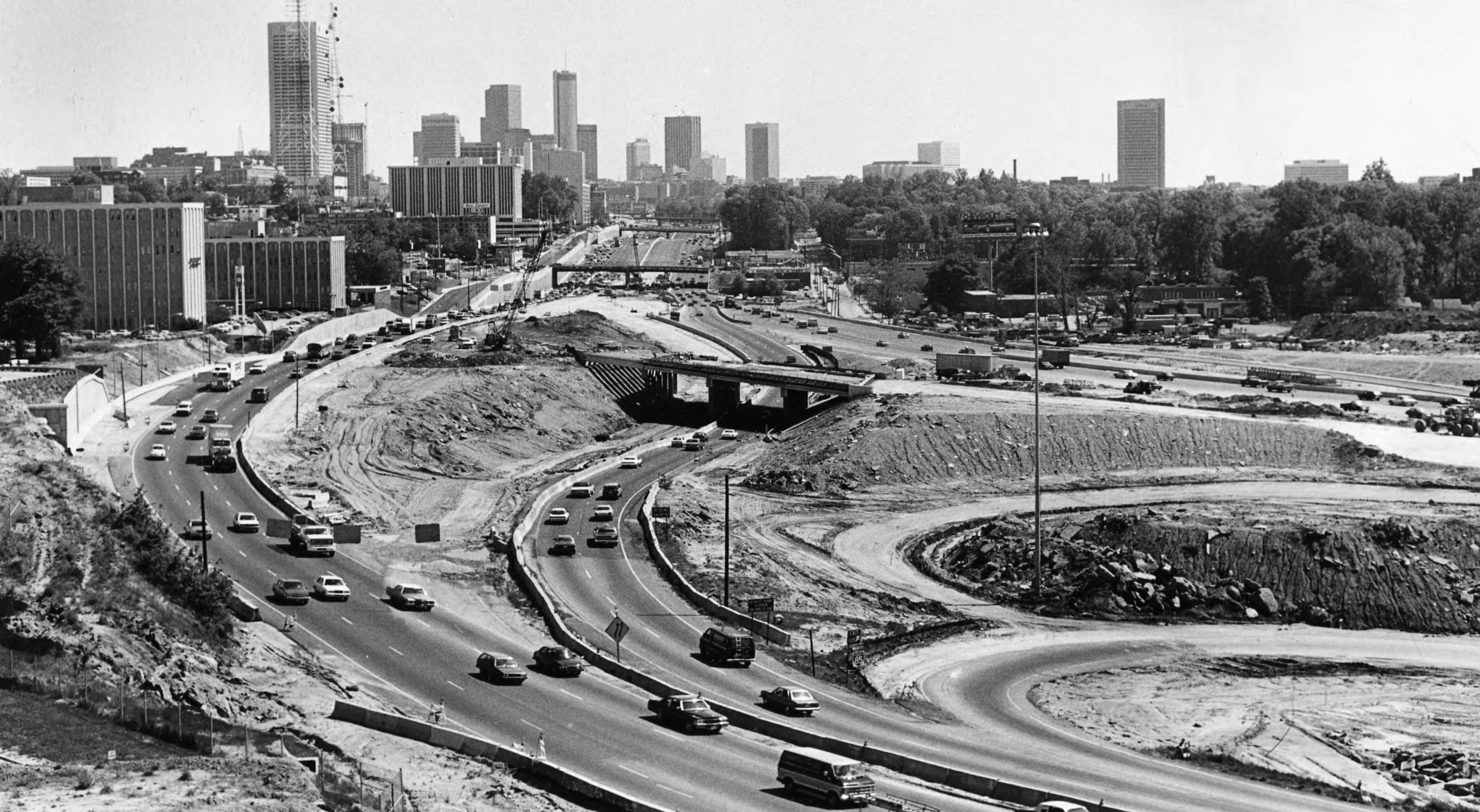 Construction on the Downtown Connector, with the city in the background, looking southwest, Atlanta, Georgia, April 26, 1984. Photo: Cheryl Bray/AJC
