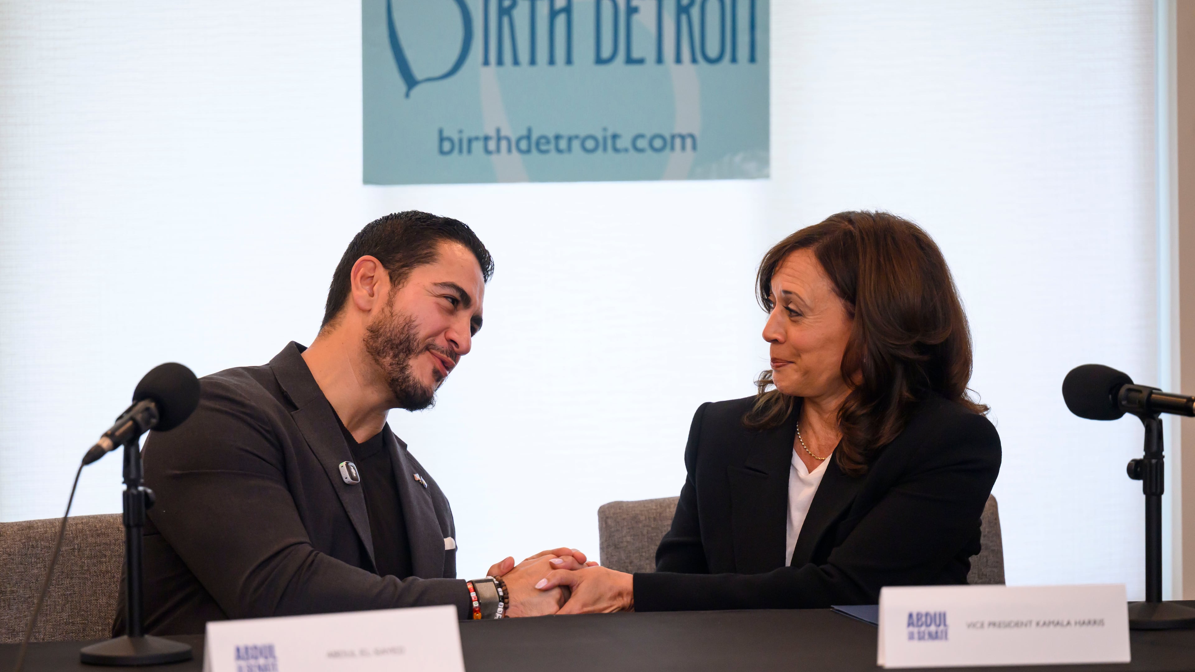 Senatorial candidate Dr. Abdul El-Sayed, left, and former Vice-President Kamala Harris participate in a roundtable discussion about reproductive health at Birth Detroit, in Detroit, Tuesday, Sept. 22, 2026. (David Guralnick/Detroit News via AP, Pool)