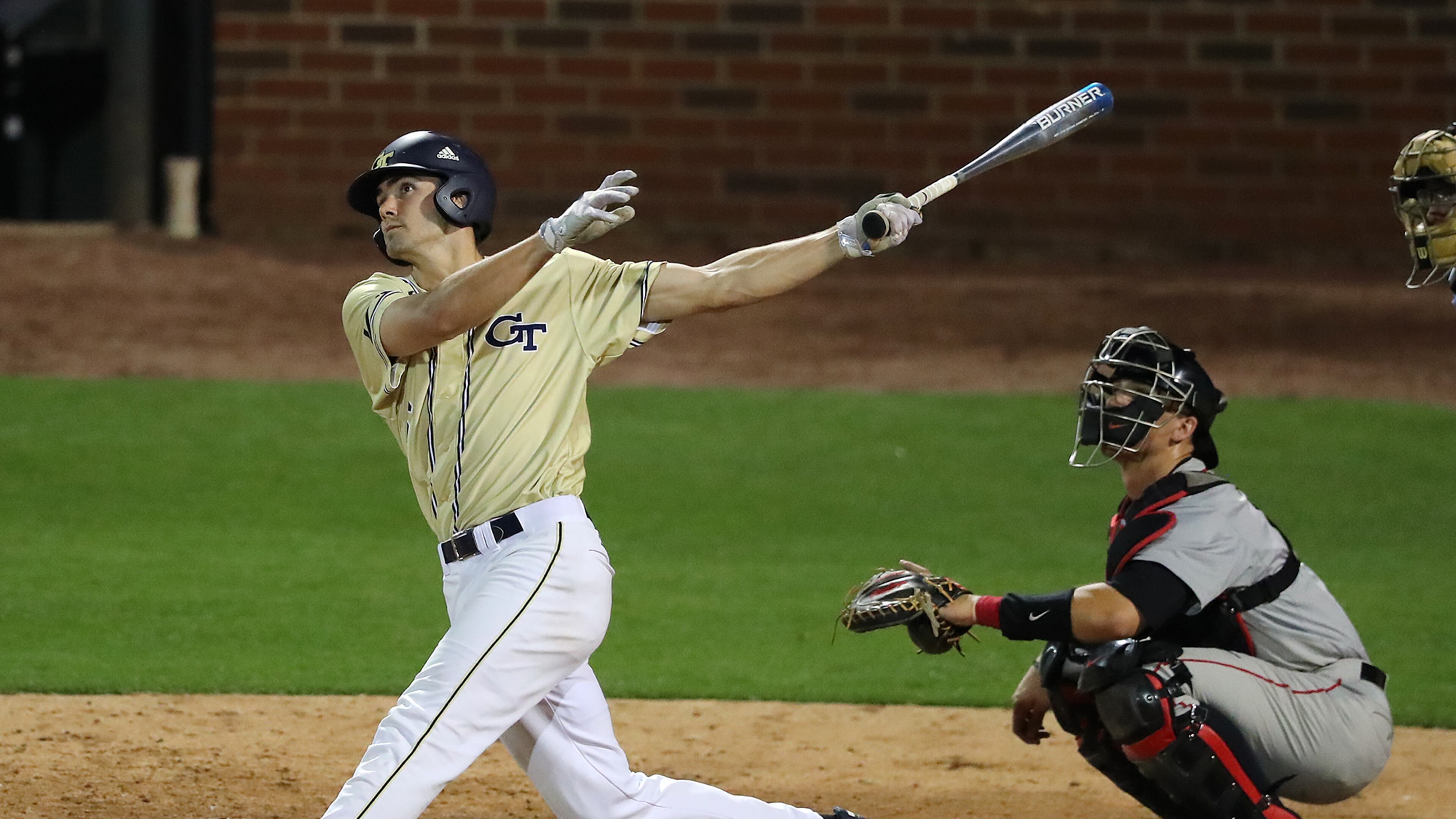 April 25, 2017, Atlanta: Georgia Tech outfielder Ryan Peurifoy hits a solo homer to cut the lead to 6-3 during the 7th inning against Georgia in a NCAA college baseball game on Tuesday, April 25, 2017, at Russ Chandler Stadium in Atlanta. Curtis Compton/ccompton@ajc.com
