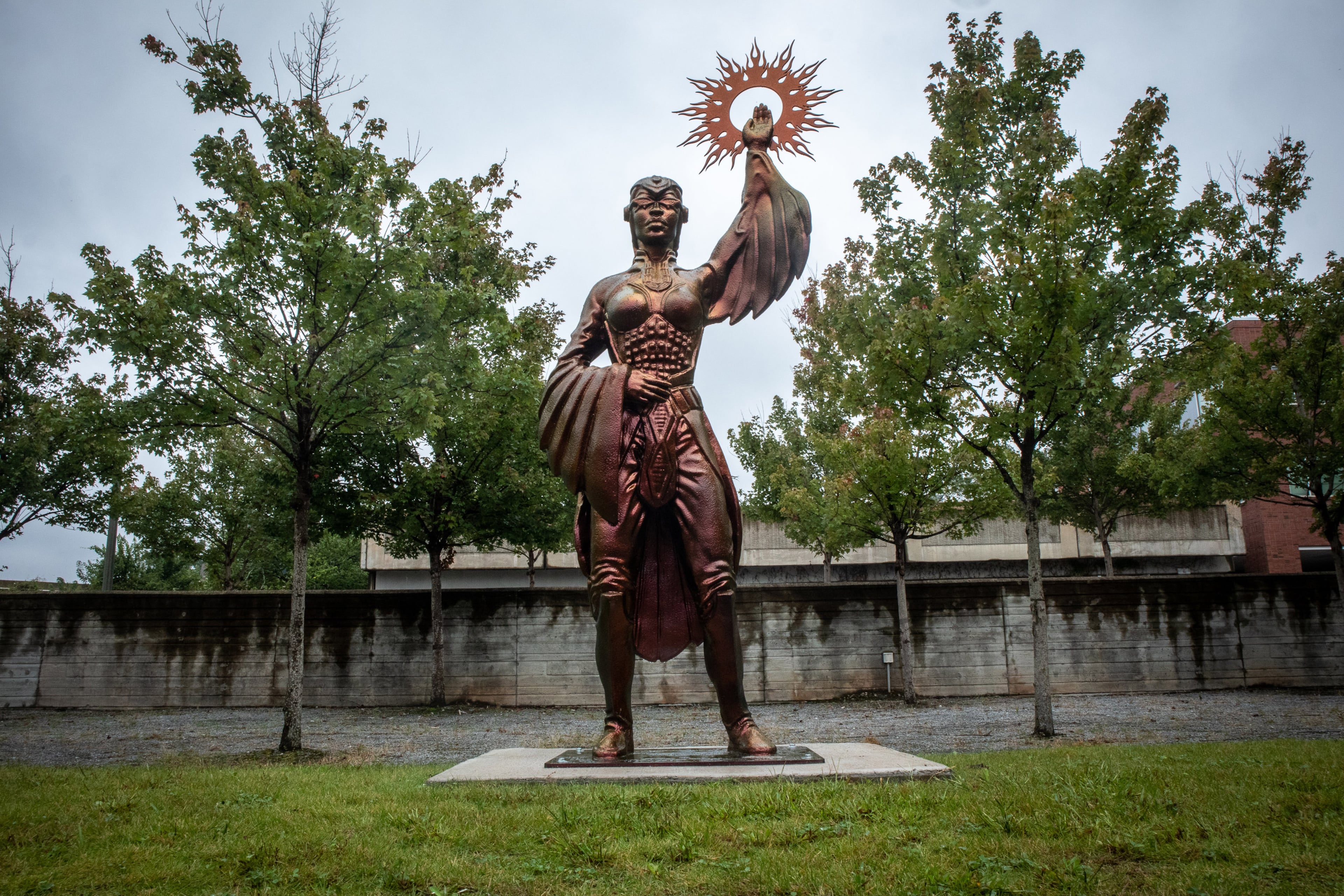 The new public art sculpture by artist Ellex Swavoni stands in the Beacon Municipal Center Plaza in Decatur on September 19, 2021. “What Sonia Said” is the name of the phoenix unveiled in a ceremony last week. STEVE SCHAEFER FOR THE ATLANTA JOURNAL-CONSTITUTION