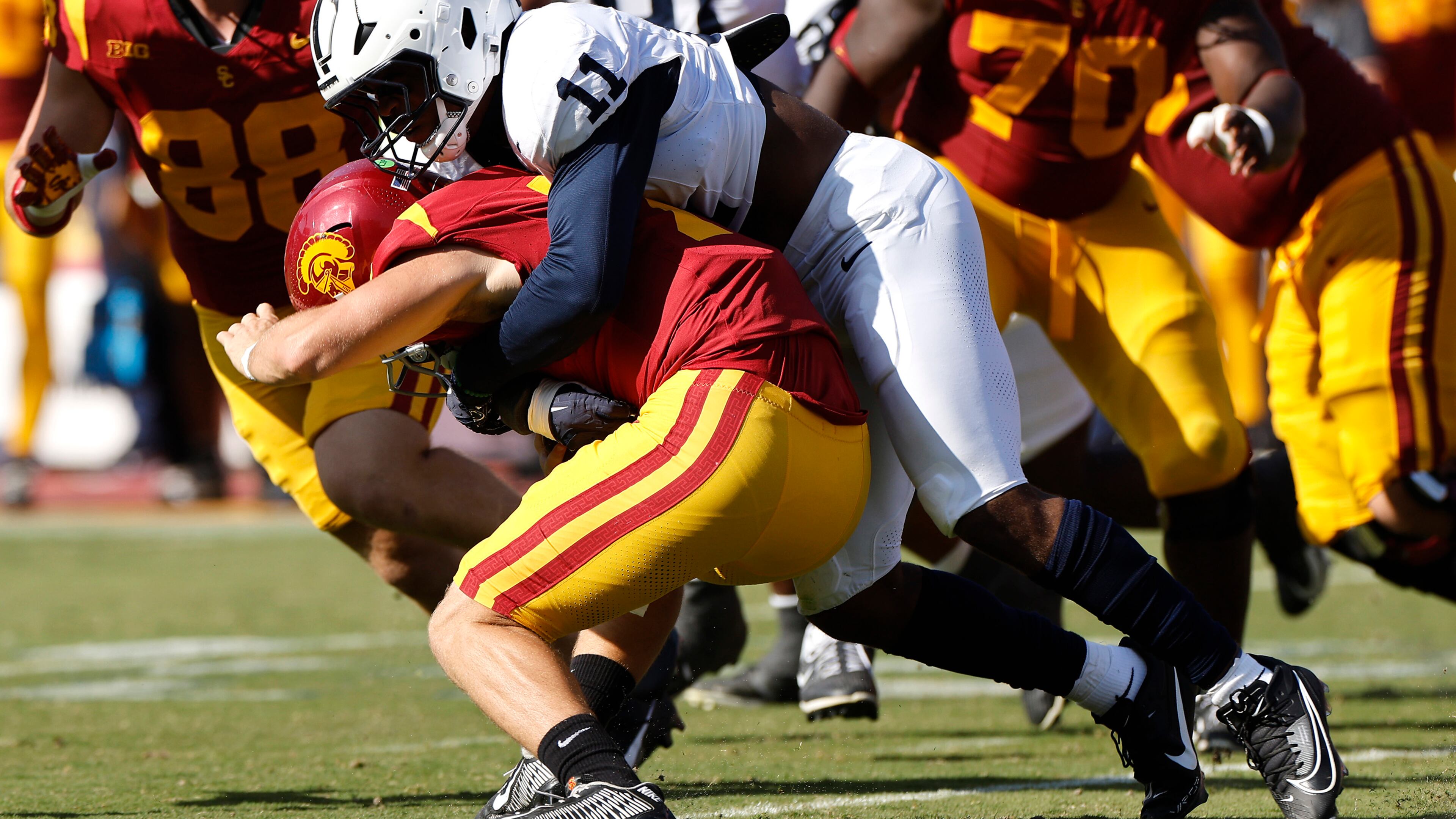 Abdul Carter (11) of the Penn State Nittany Lions sacks Miller Moss (7) of the USC Trojans during the third quarter at United Airlines Field at the Los Angeles Memorial Coliseum on Saturday, Oct. 12, 2024, in Los Angeles. (Kevork Djansezian/Getty Images/TNS)