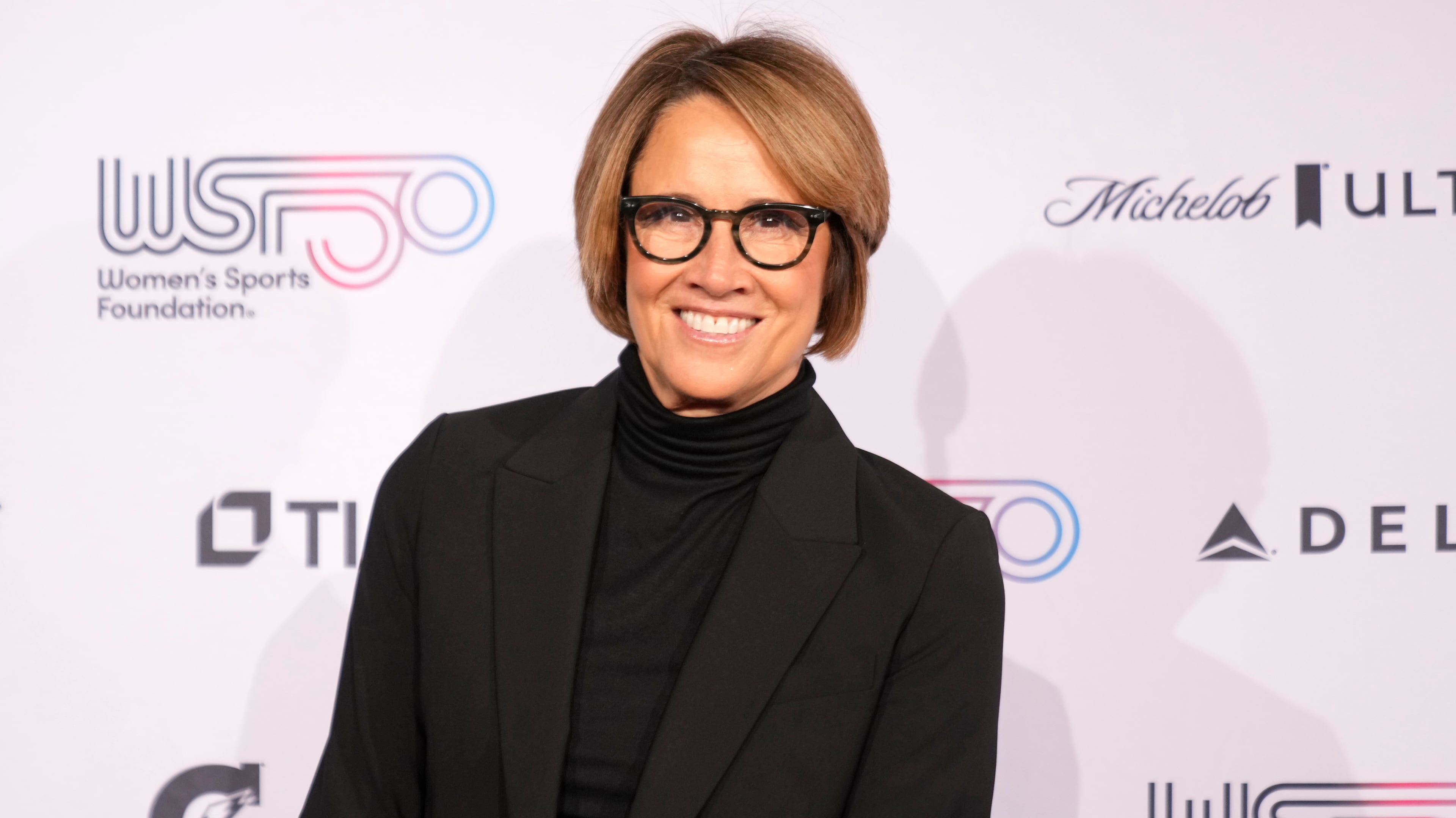 FILE - Mary Carillo poses on the red carpet at the Women's Sports Foundation's Annual Salute to Women in Sports, Oct. 16, 2024, in New York. (AP Photo/Pamela Smith, File)