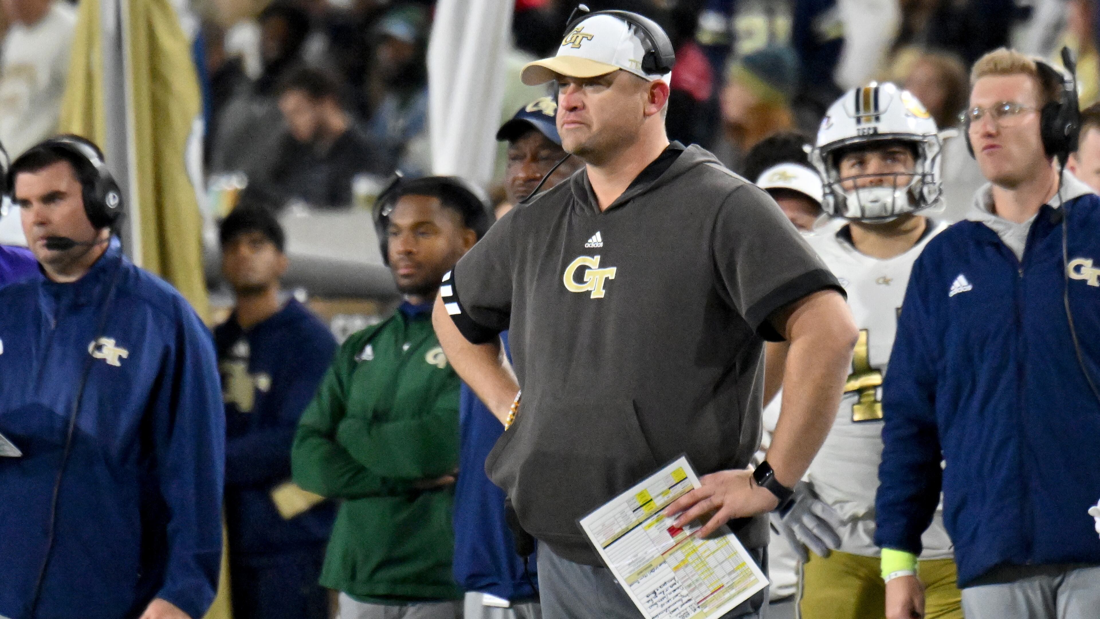 Georgia Tech head coach Brent Key watches during the first half of an NCAA college football game at Georgia Tech's Bobby Dodd Stadium, Saturday, November 25, 2023, in Atlanta. Georgia won 31-23 over Georgia Tech. (Hyosub Shin / Hyosub.Shin@ajc.com)