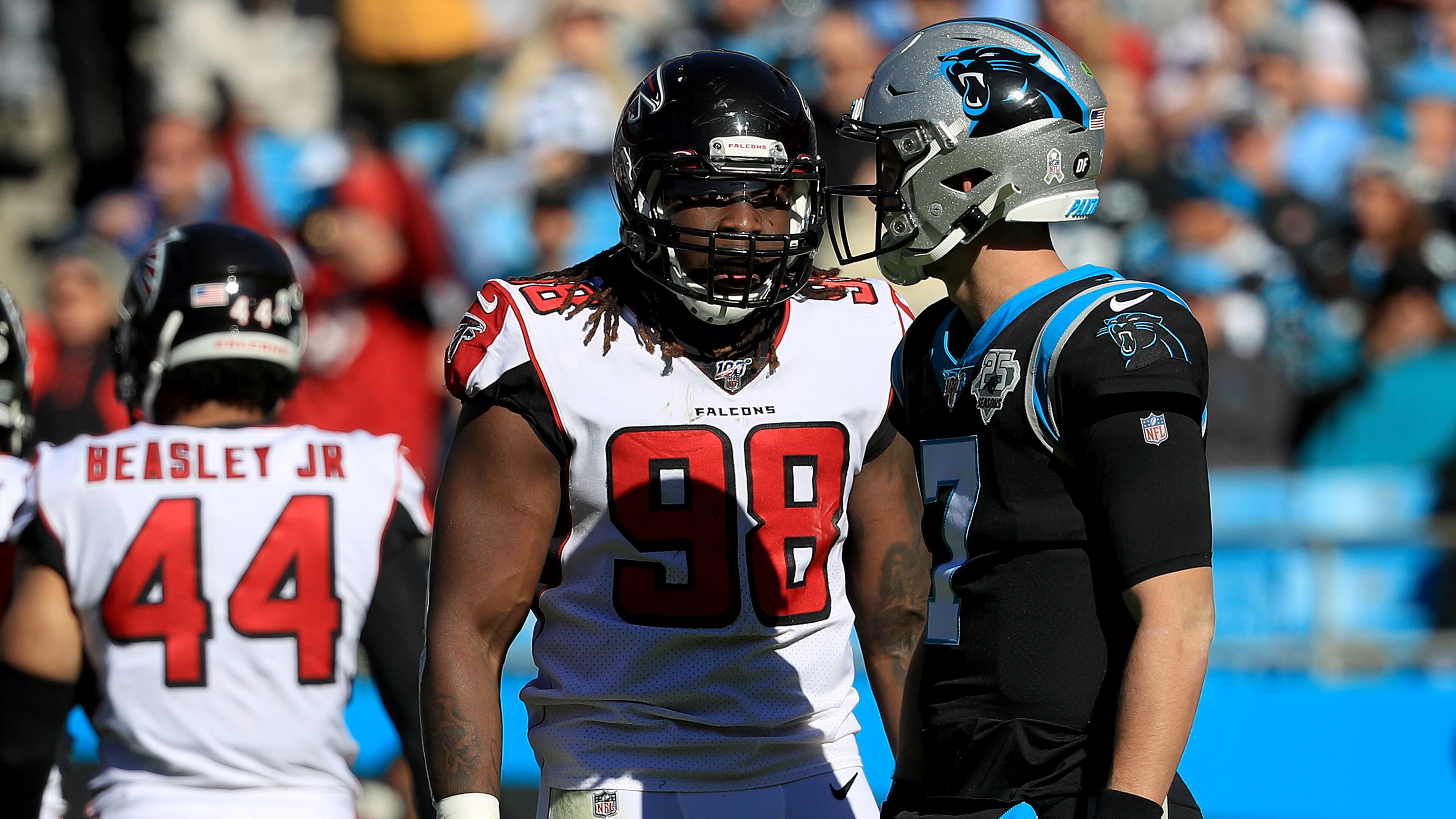 Falcons defensive end Takkarist McKinley stares down Panthers quarterback Kyle Allen Sunday, Nov. 17, 2019, at Bank of America Stadium in Charlotte.