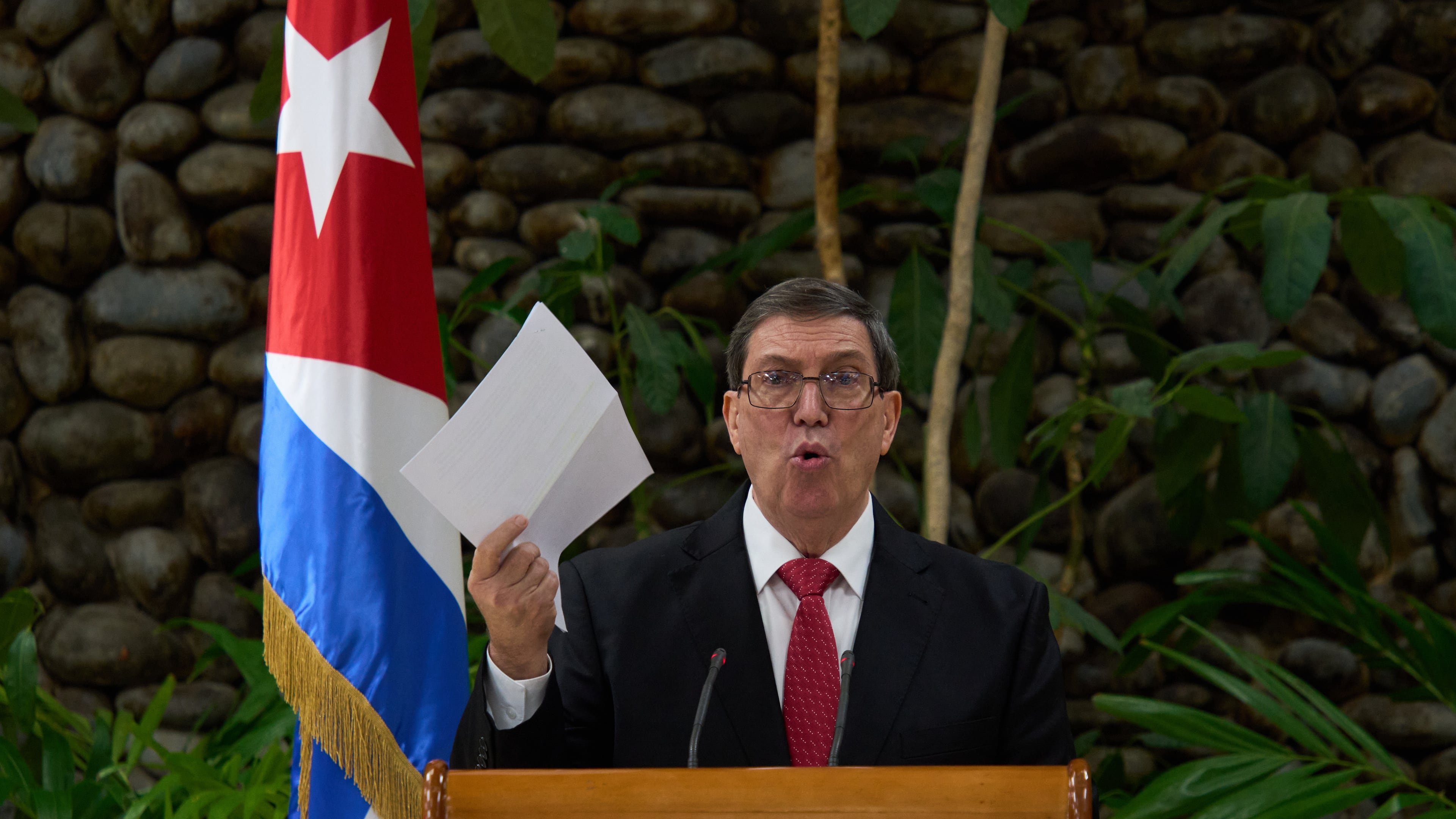 Cuban Foreign Minister Bruno Rodriguez gives a news conference regarding the U.S embargo in Havana, Wednesday, Oct. 21, 2026. (AP Photo/Ramon Espinosa)