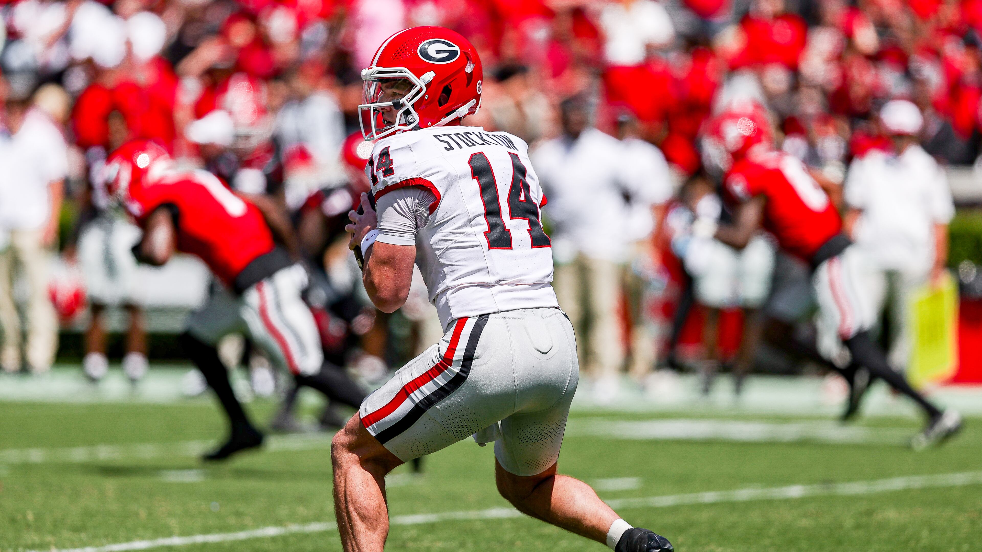 Georgia quarterback Gunner Stockton during Georgia’s annual G-Day spring game on Dooley Field at Sanford Stadium in Athens, on Saturday, April 12, 2025. (Tony Walsh/UGAAA)