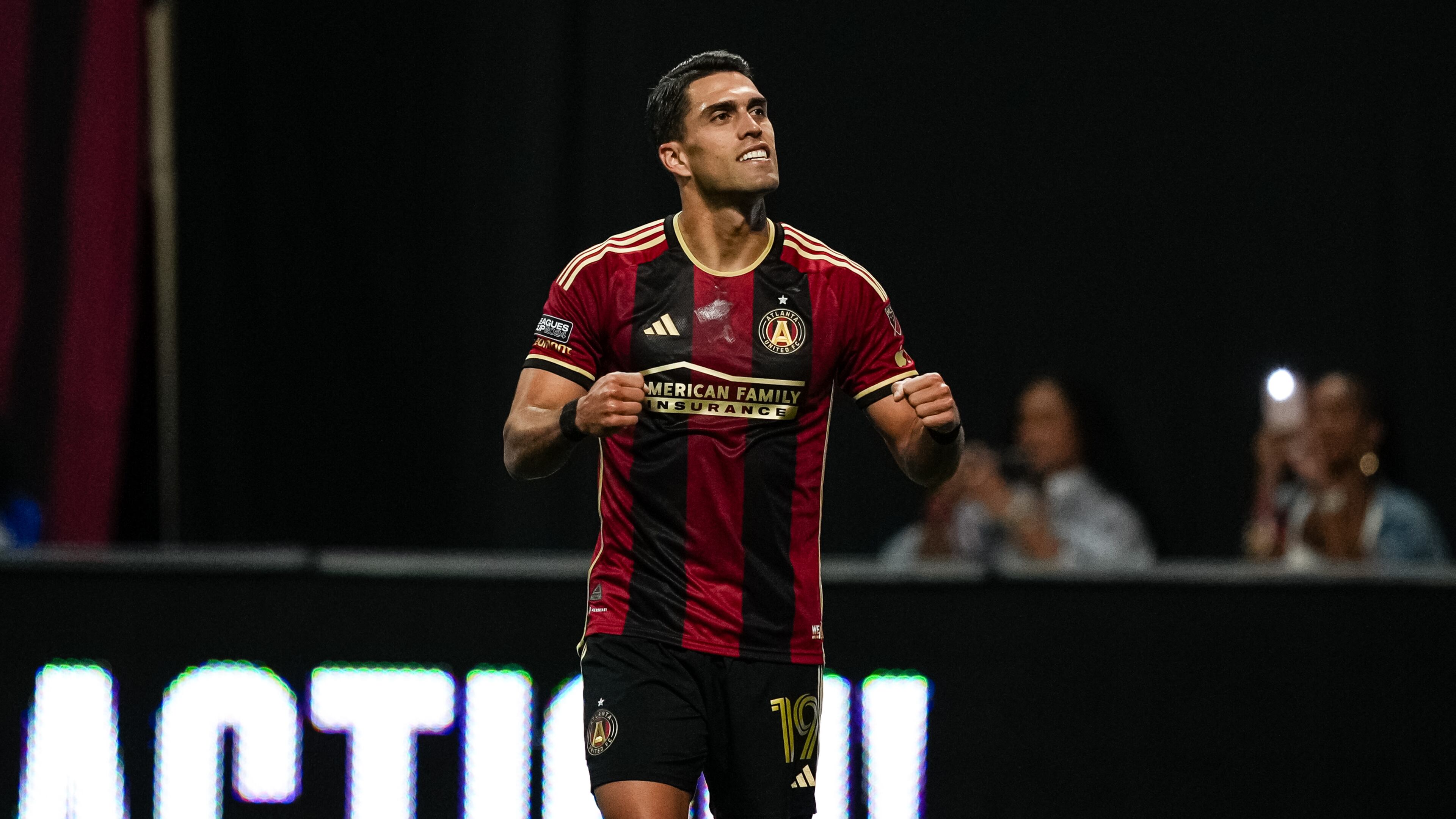 Atlanta United forward Daniel Ríos #19 celebrates after scoring a goal during the Leagues Cup match against the D.C. United at Mercedes-Benz Stadium in Atlanta, GA on Friday July 26, 2024. (Photo by Mitch Martin/Atlanta United)