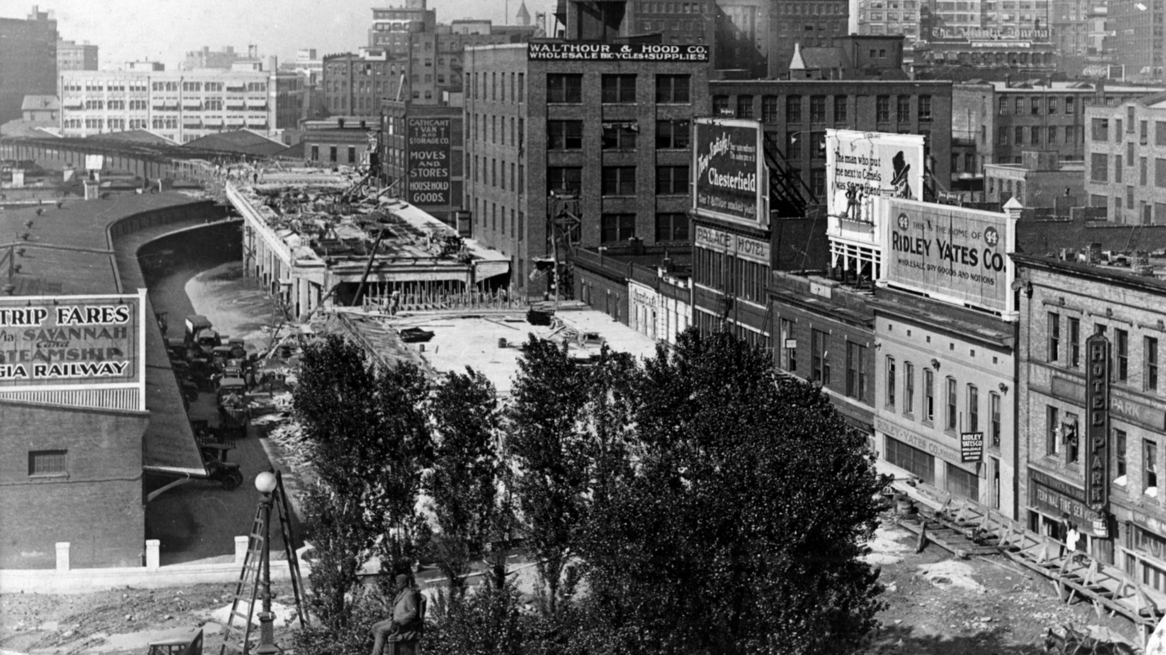 Construction of the Spring Street viaduct sometime around 1920, one of the major projects for a growing Atlanta, meant that older infrastructure such as existing water mains needed replacing. (File)