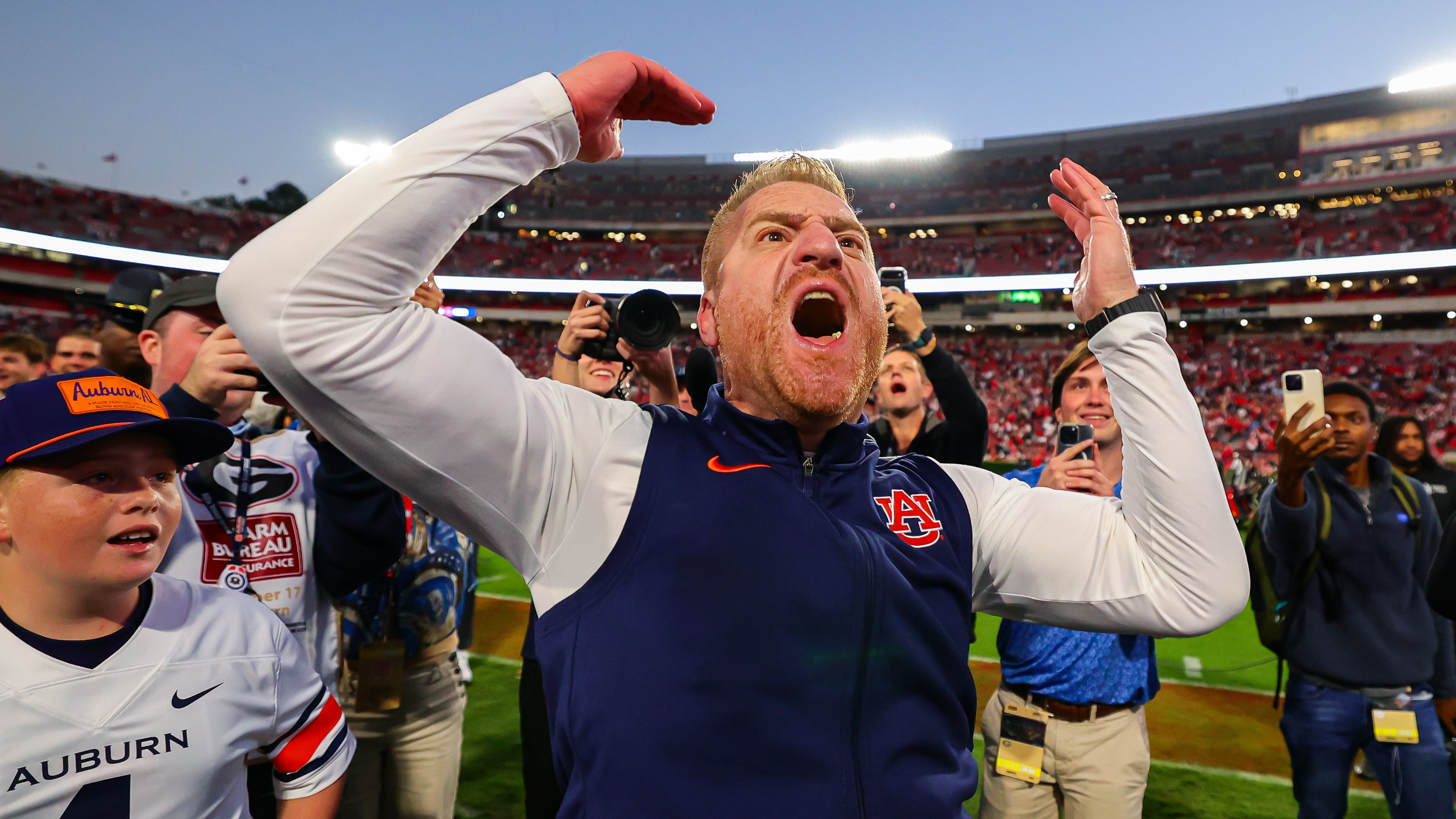 Auburn head coach Alex Golesh reacts after an NCAA college football game against Georgia, Saturday, Oct. 17, 2026, in Athens, Ga. (AP Photo/Colin Hubbard)
