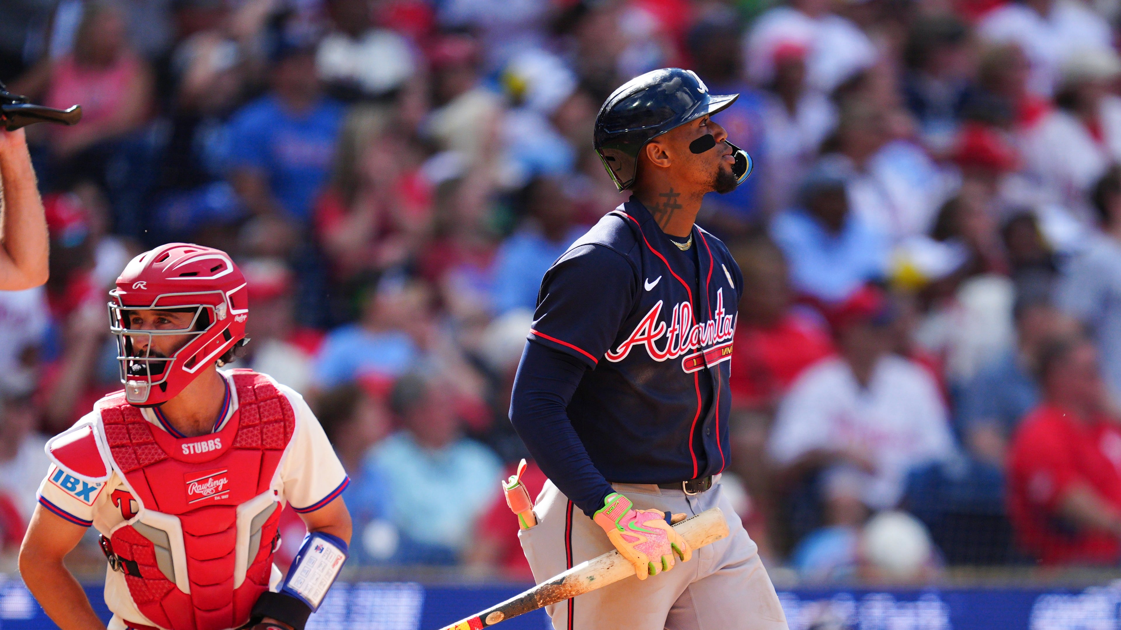 Atlanta Braves' Ronald Acuña Jr. watches his three-run home run off Philadelphia Phillies pitcher Alex McFarlane during the eighth inning of a baseball game, Sunday, Sept. 6, 2026, in Philadelphia. (Derik Hamilton/AP)
