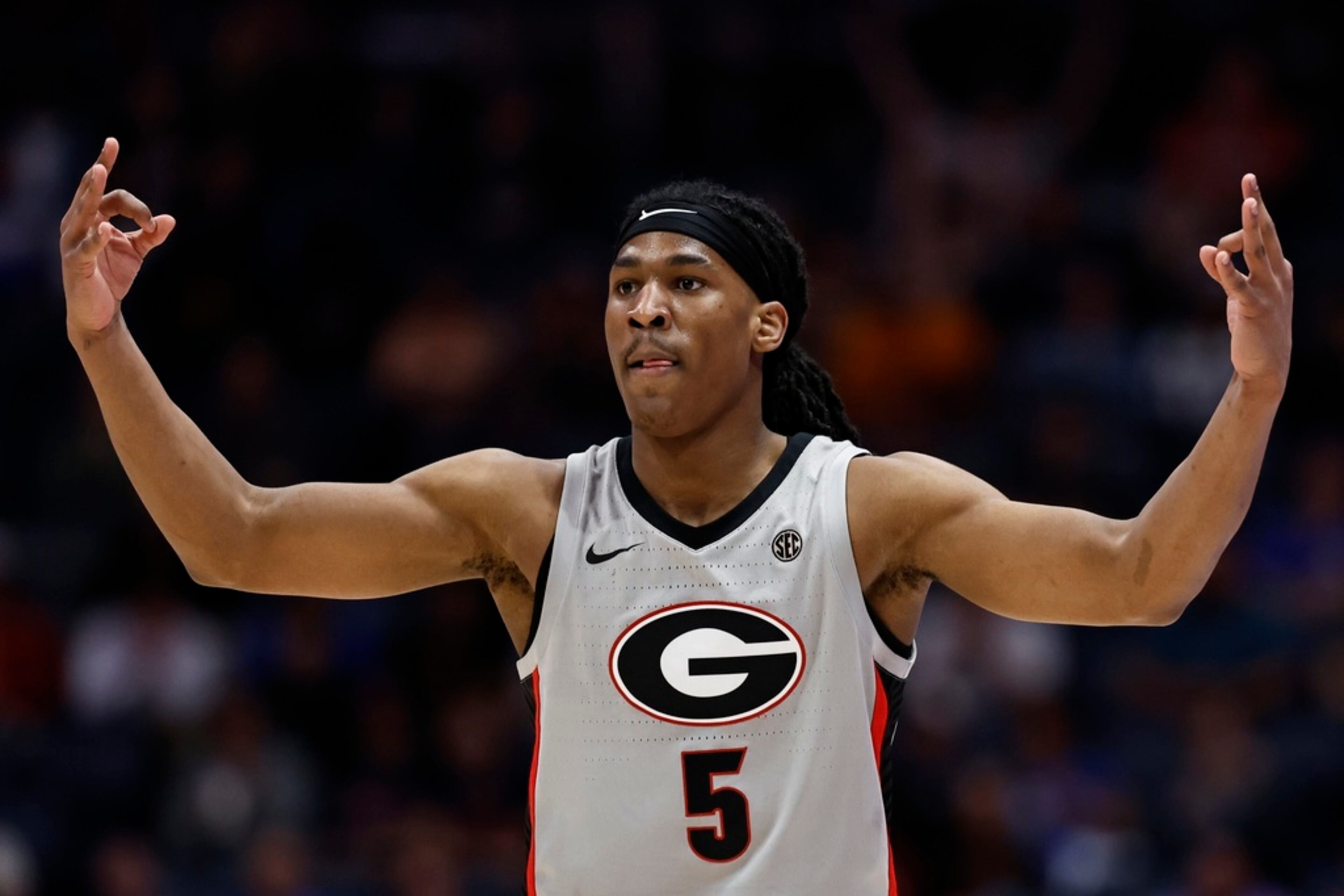 Georgia guard Silas Demary Jr. (5) celebrates his three-point shot against Oklahoma during the second half of an NCAA college basketball game at the Southeastern Conference tournament, Wednesday, March 12, 2025, in Nashville, Tenn. (AP Photo/Wade Payne)