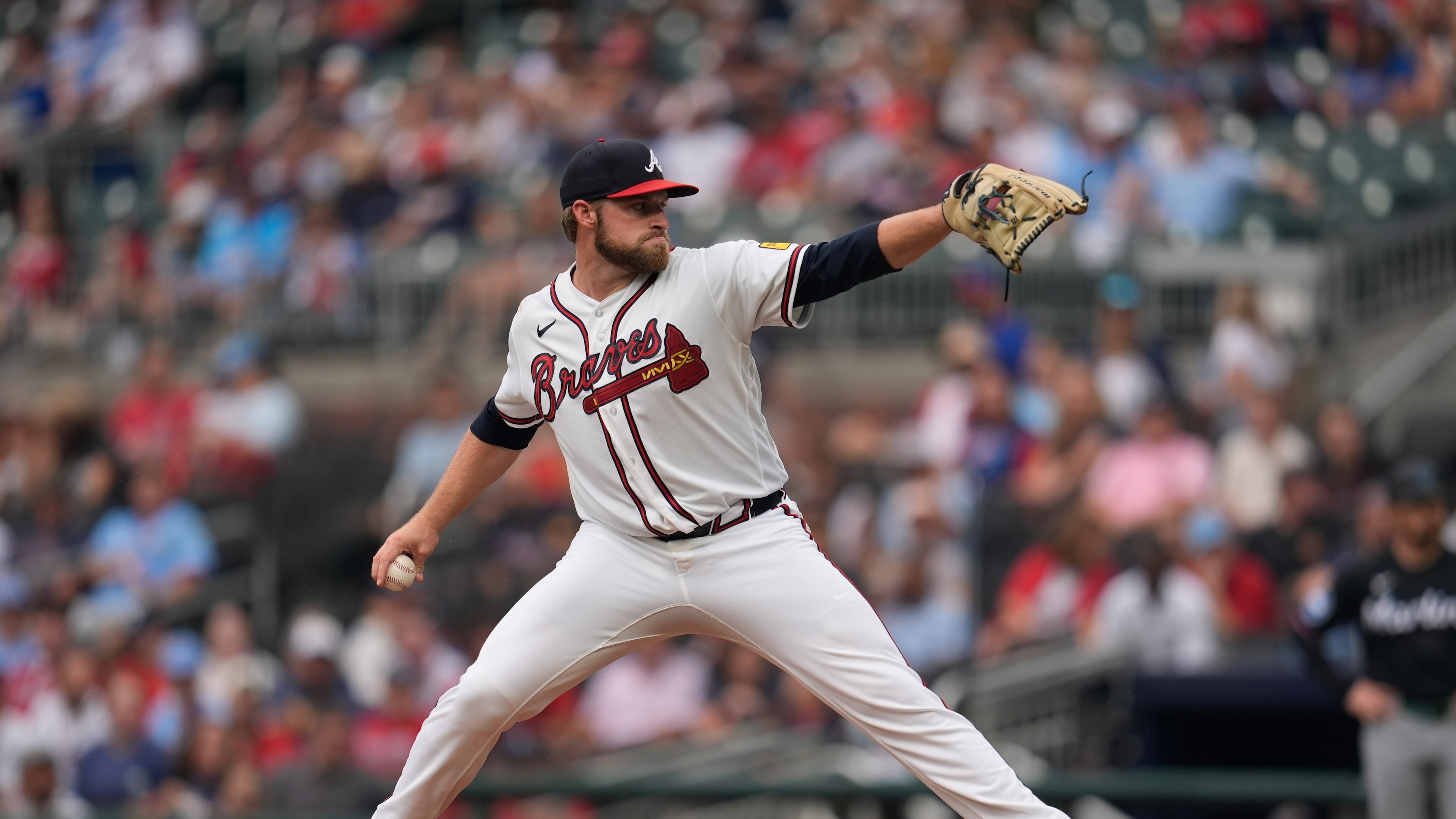 Atlanta Braves pitcher Bryce Elder (55) works in the first inning of a baseball game against the Miami Marlins, Wednesday, Aug. 5, 2026, in Atlanta. (AP Photo/Mike Stewart)