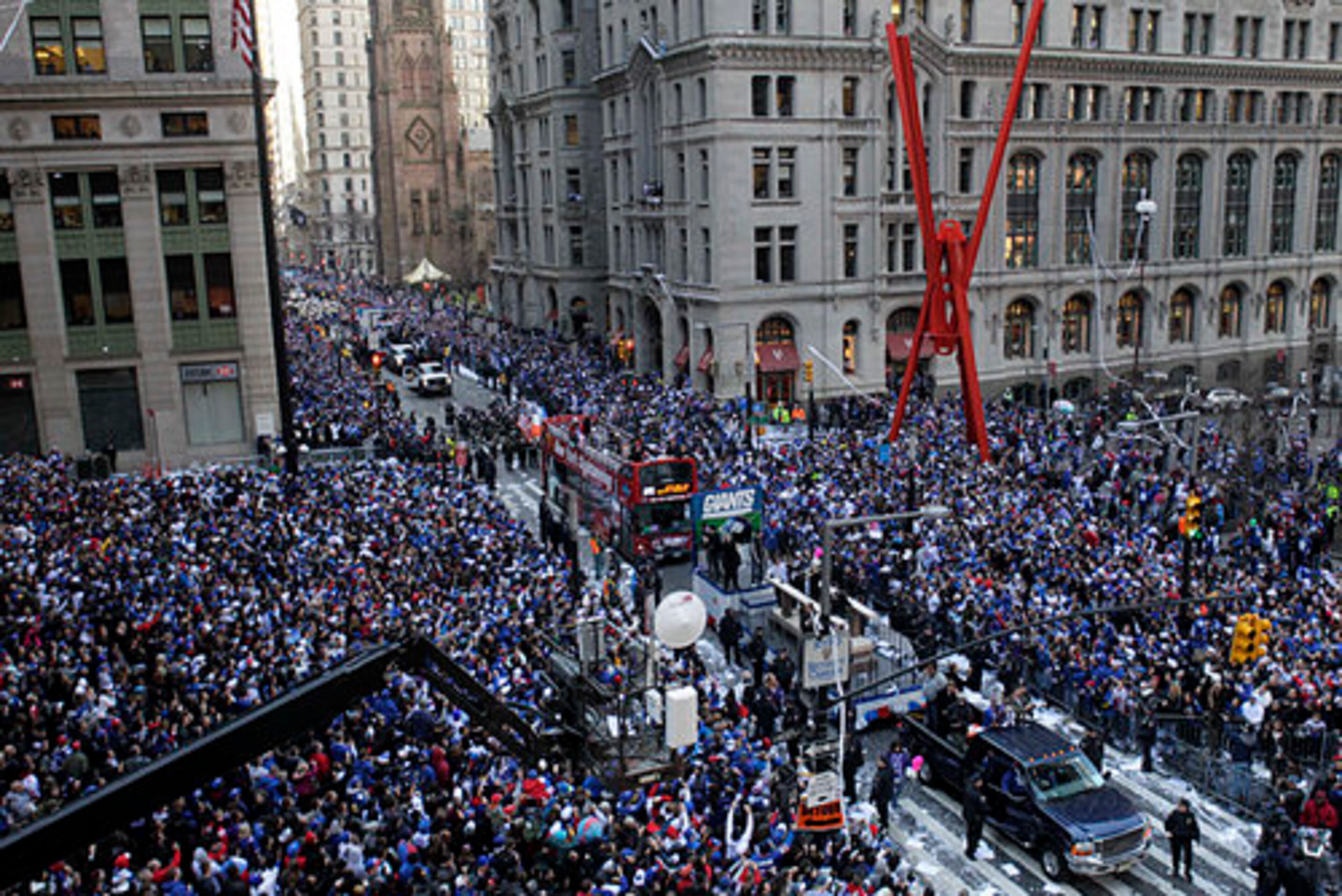 The New York Giants make their way up Broadway during the team's NFL football Super Bowl parade in New York, Tuesday, Feb. 7, 2012. The Giants returned from their Super Bowl win to a celebration the likes that only New York can throw: a ticker-tape parade in the Canyon of Heroes on Broadway, where the city has honored stars for almost a century.