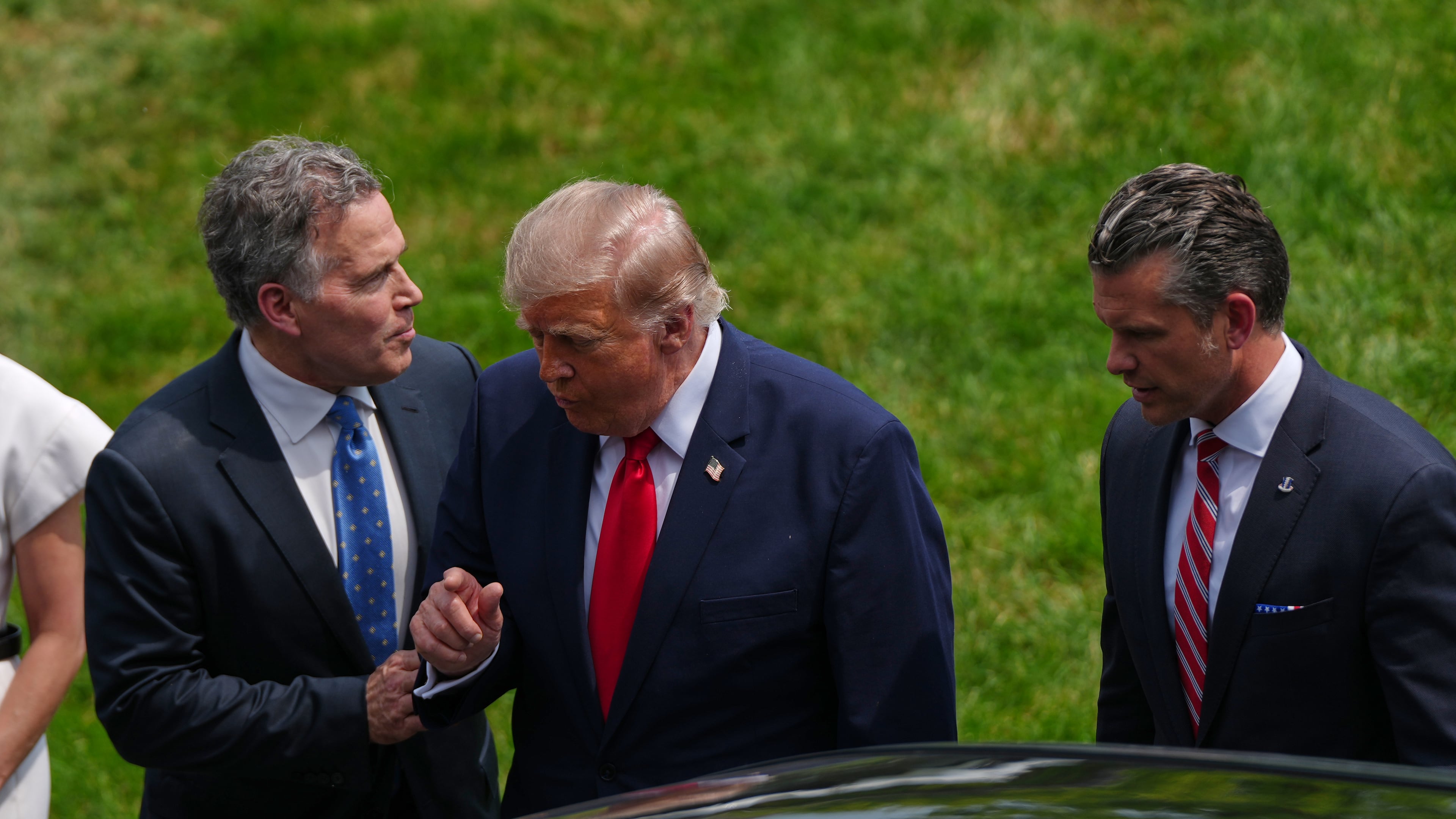 President Donald Trump walks with Sen. Dave McCormick, R-Pa., and Defense Secretary Pete Hegseth as he arrives at the United States Army War College in Carlisle, Pa., for the Pennsylvania Defense and Innovation Summit, Wednesday, July 15, 2026. (AP Photo/Julia Demaree Nikhinson)
