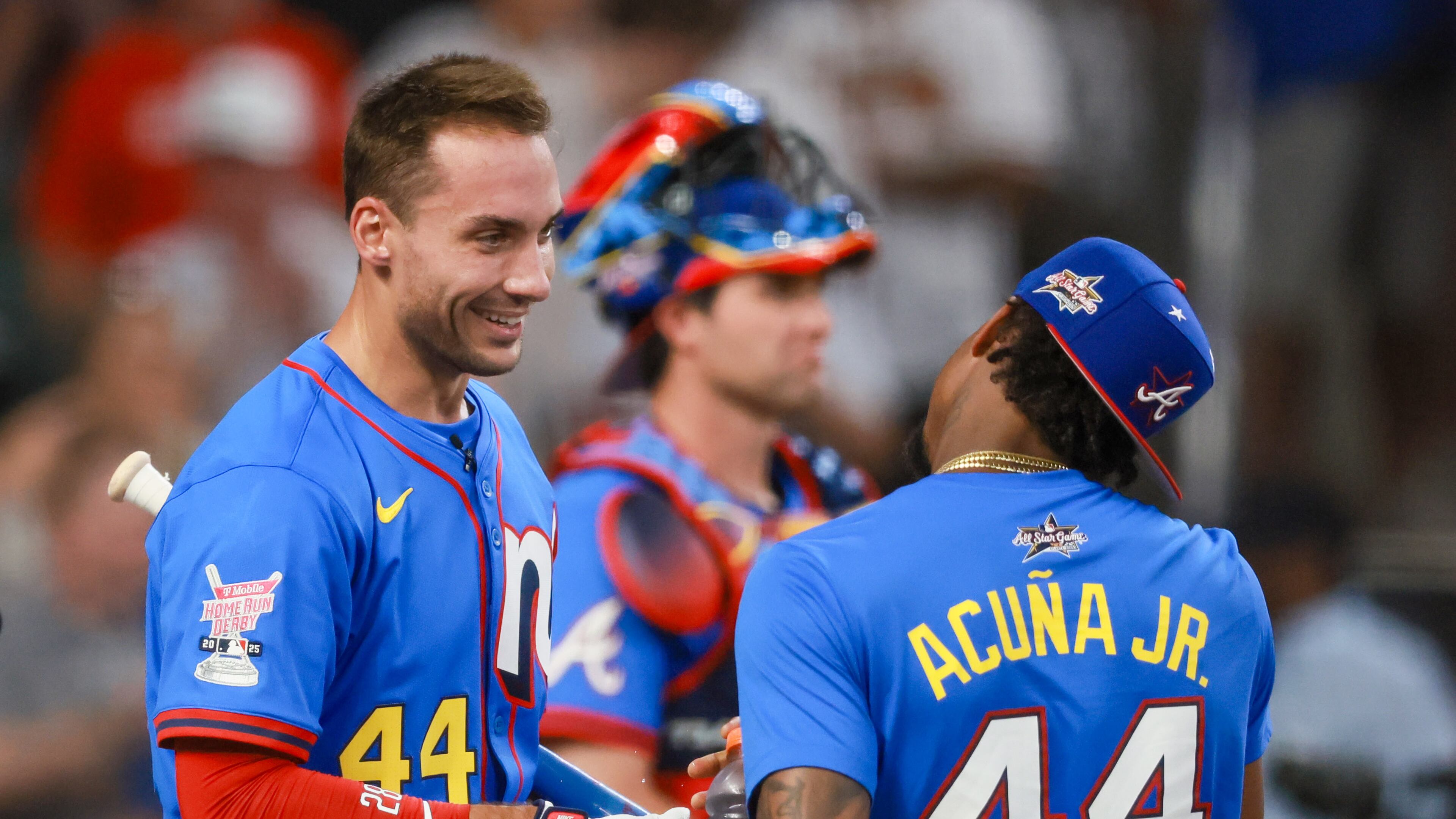Braves first baseman Matt Olson (left) is greeted by Ronald Acuña Jr. after batting during the MLB Home Run Derby as part of the All-Star Game festivities on Monday, July 14, 2025, at Truist Park in Atlanta. (Jason Getz/AJC)